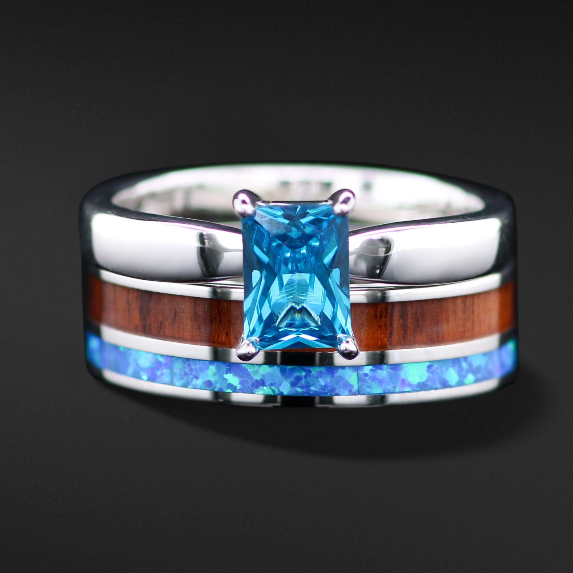 Evermore Love Set - Stainless steel Ring Set for Women | radiant cut cubic zirconia Engagement Ring | Koa Wood | Opal inlay