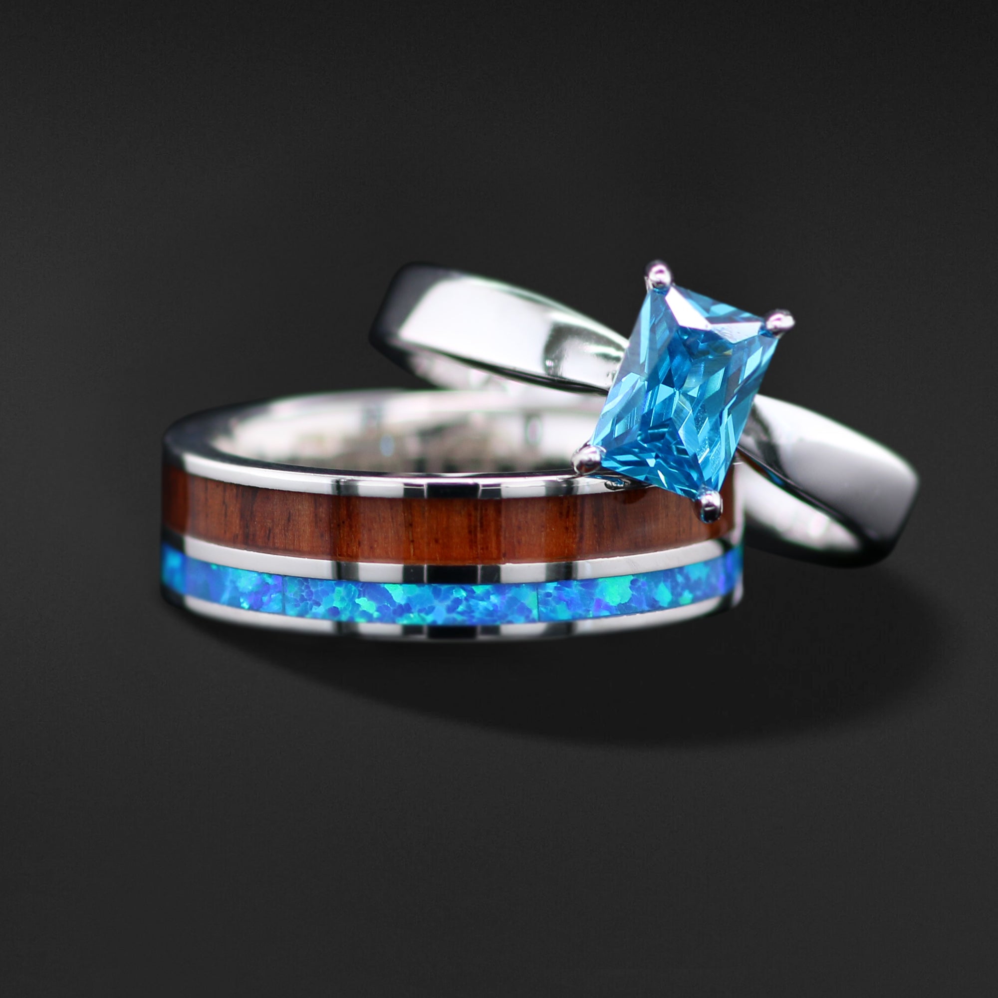 Evermore Love Set - Stainless steel Ring Set for Women | radiant cut cubic zirconia Engagement Ring | Koa Wood | Opal inlay