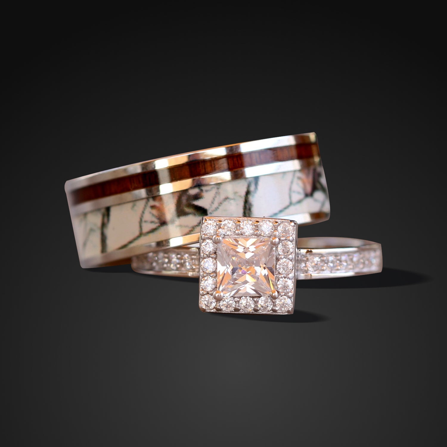 2 pc White Camo Rings Set Koa Wood Ring Set Silver Engagement Ring