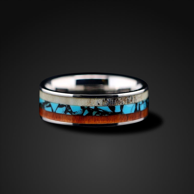 Stainless Steel Deer Antler Band Turquoise and Koa Wood Ring