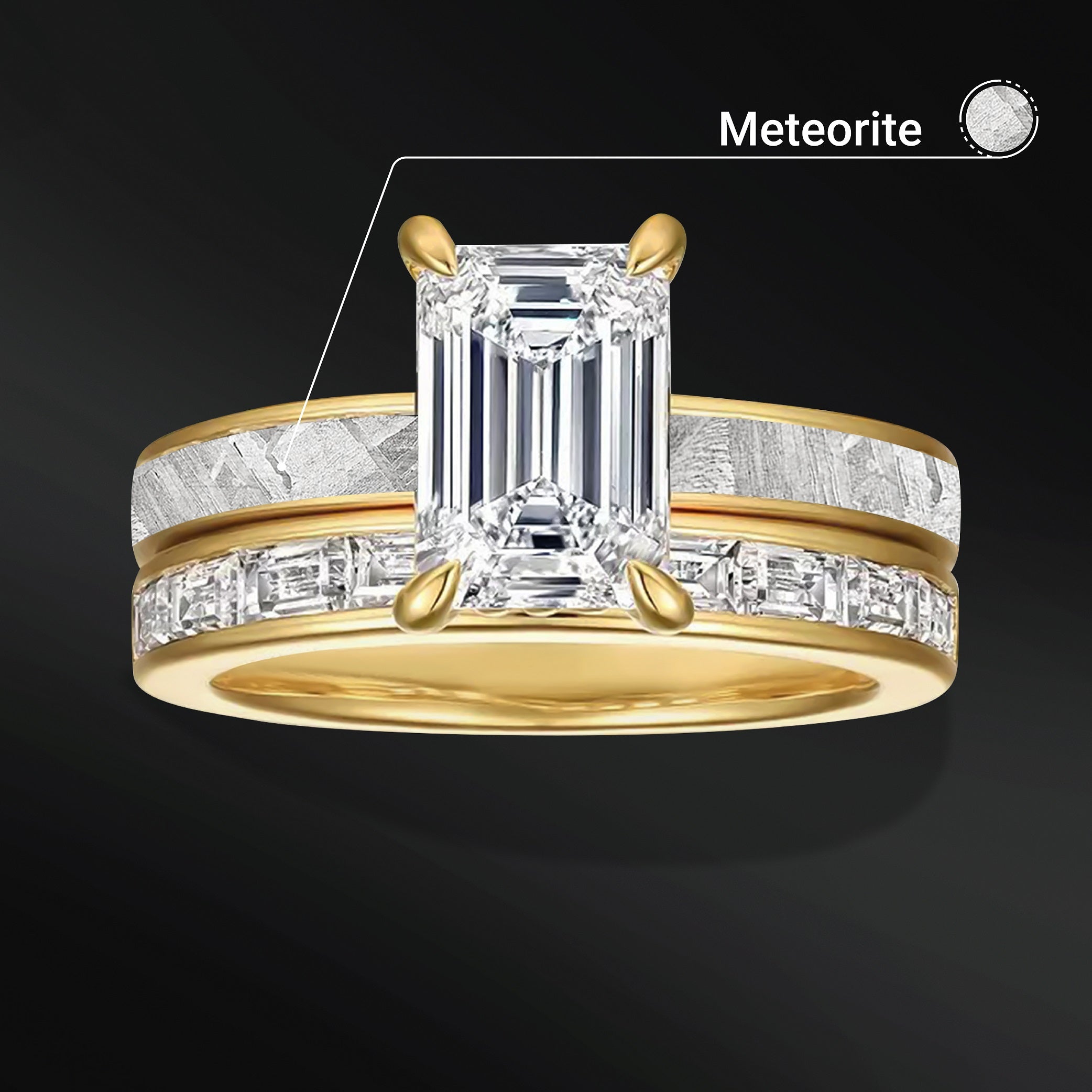 Galactic Eternity - 14K Gold or Sterling Silver Ring Set | Certified 1.75 CT Emerald Cut Moissanite Engagement Ring | Natural Meteorite Bridal Set | D-Color VVS1 Clarity