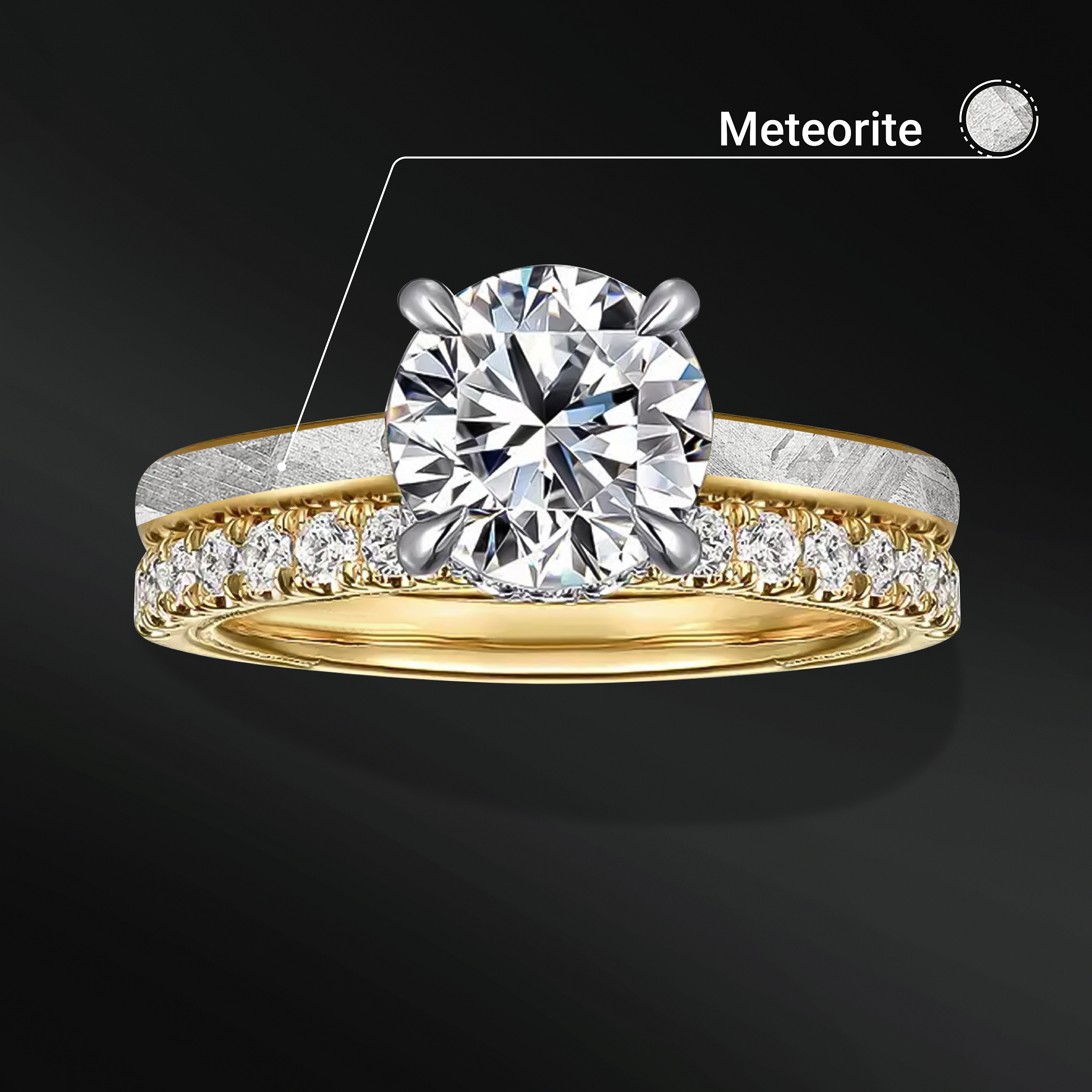 Eternal Orbit - Meteorite & Moissanite Engagement Ring Set | 14K Gold or Sterling silver, Cosmic Elegance with 1.3 carat D-Color VVS1 Stones