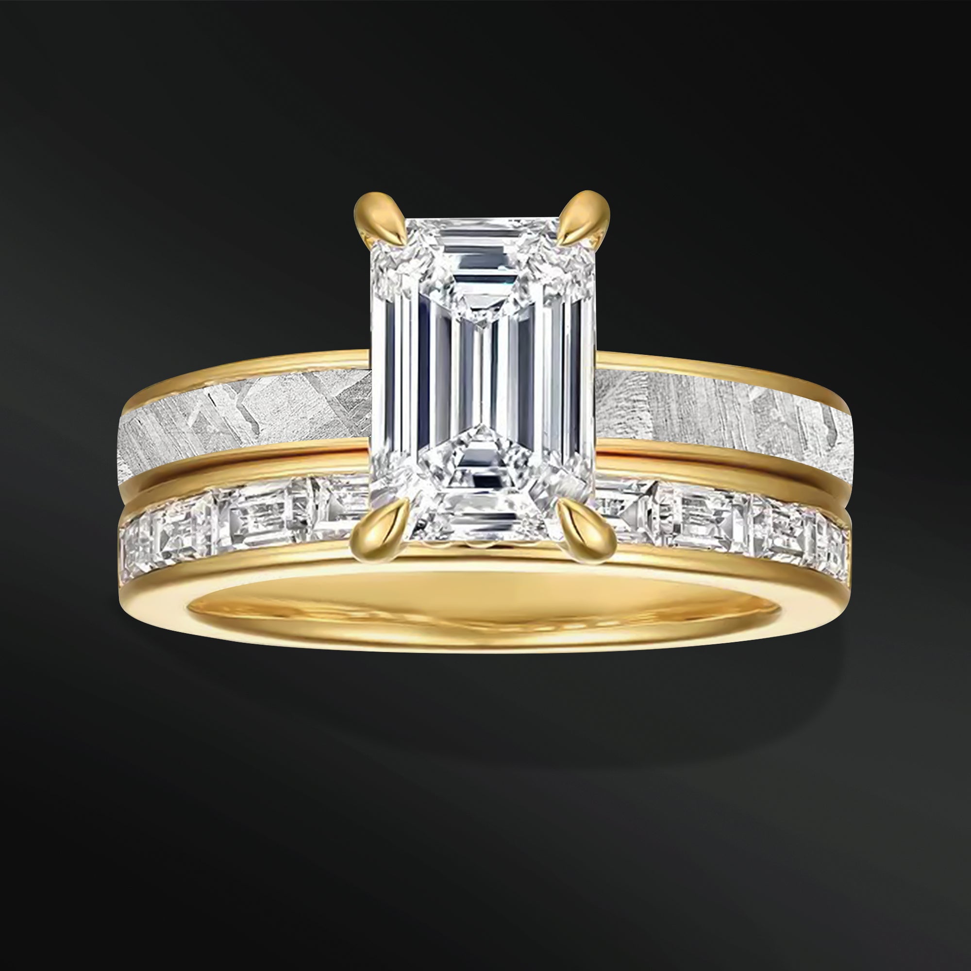 Galactic Eternity - 14K Gold or Sterling Silver Ring Set | Certified 1.75 CT Emerald Cut Moissanite Engagement Ring | Natural Meteorite Bridal Set | D-Color VVS1 Clarity