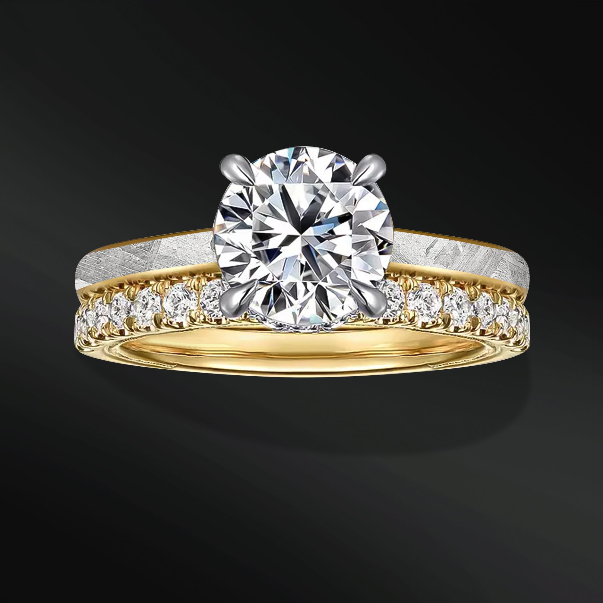 Eternal Orbit - Meteorite & Moissanite Engagement Ring Set | 14K Gold or Sterling silver, Cosmic Elegance with 1.3 carat D-Color VVS1 Stones