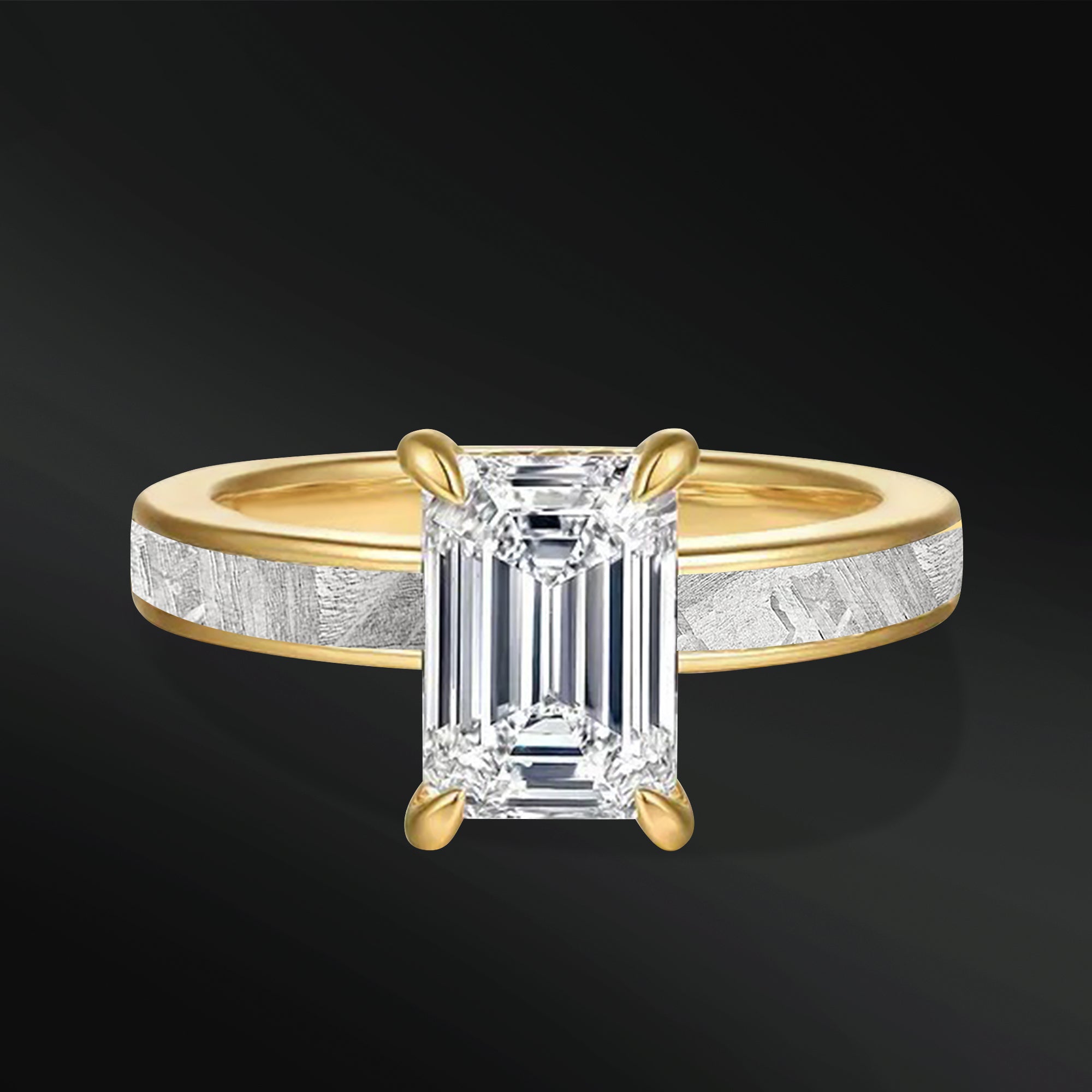 Galactic Eternity - 14K Gold or Sterling Silver Ring Set | Certified 1.75 CT Emerald Cut Moissanite Engagement Ring | Natural Meteorite Bridal Set | D-Color VVS1 Clarity
