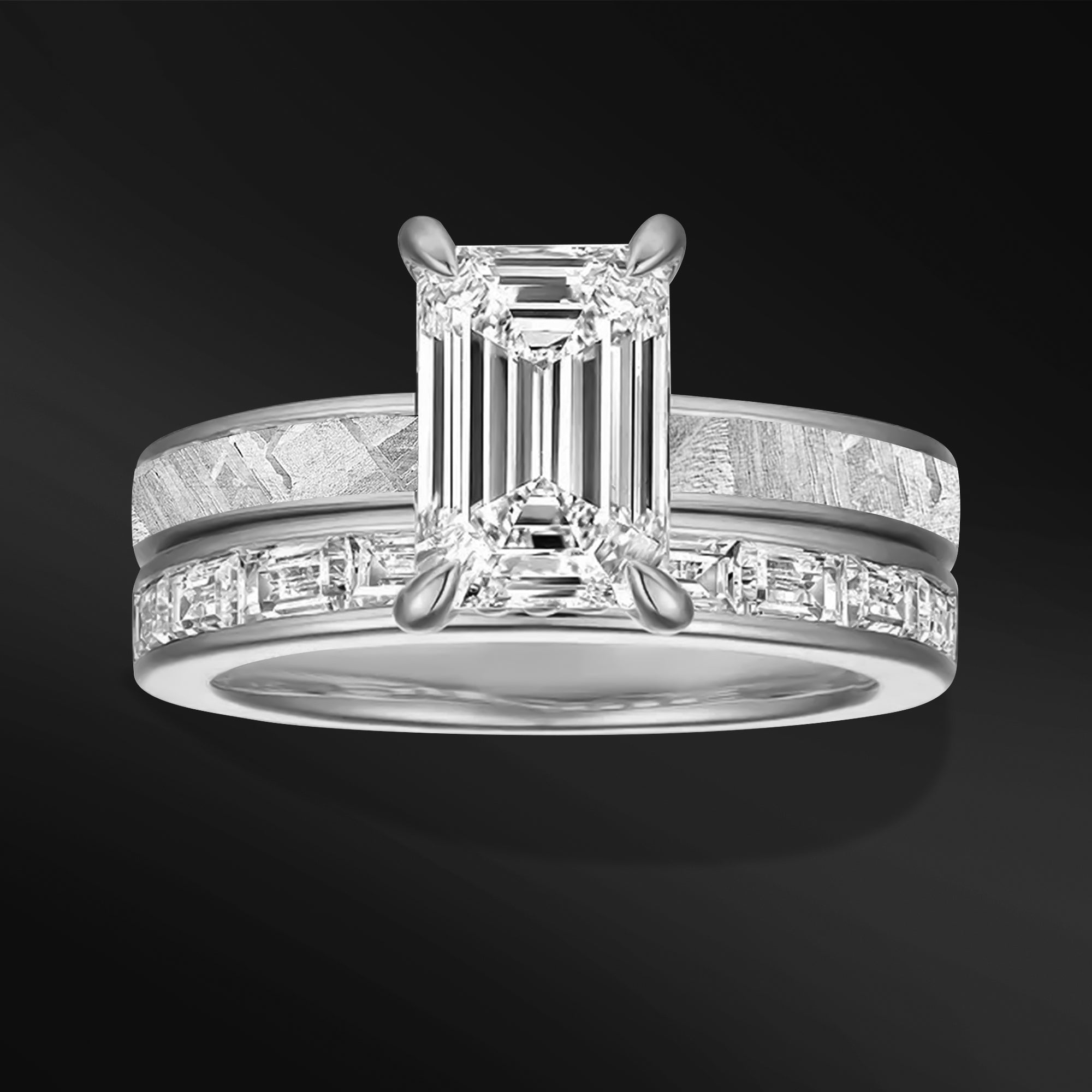 Galactic Eternity - 14K Gold or Sterling Silver Ring Set | Certified 1.75 CT Emerald Cut Moissanite Engagement Ring | Natural Meteorite Bridal Set | D-Color VVS1 Clarity
