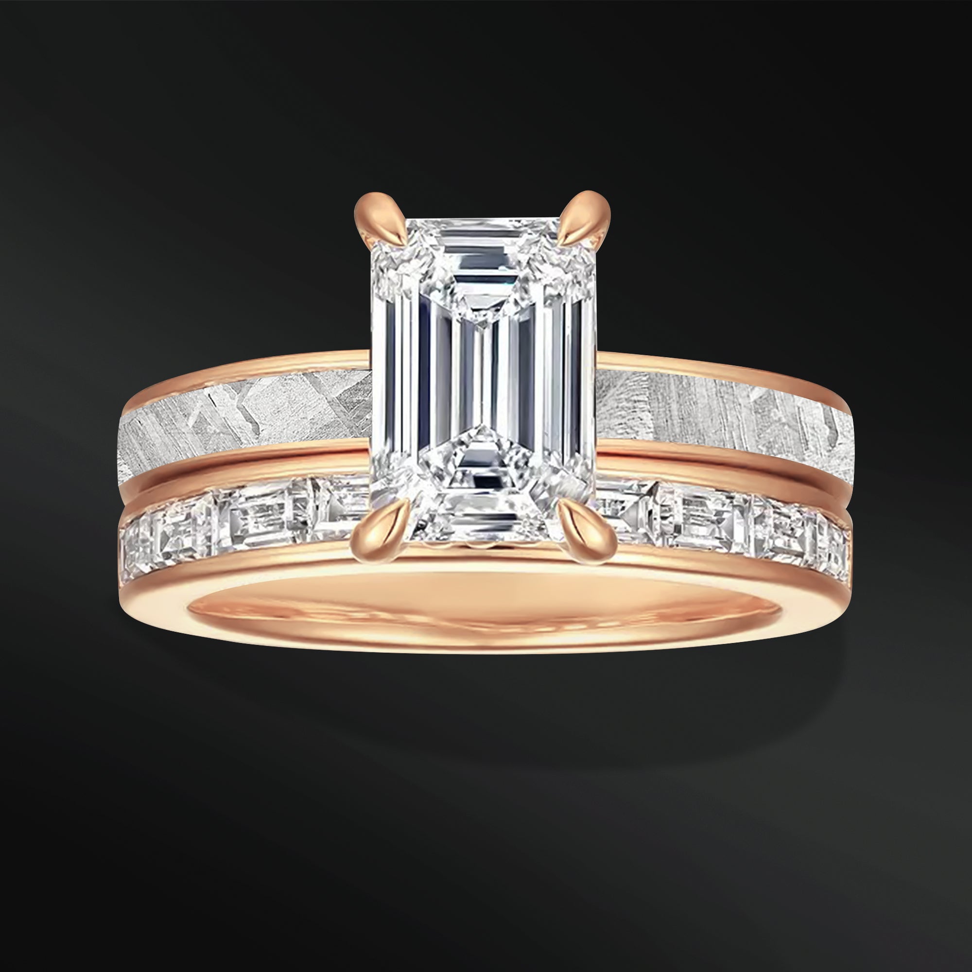 Galactic Eternity - 14K Gold or Sterling Silver Ring Set | Certified 1.75 CT Emerald Cut Moissanite Engagement Ring | Natural Meteorite Bridal Set | D-Color VVS1 Clarity