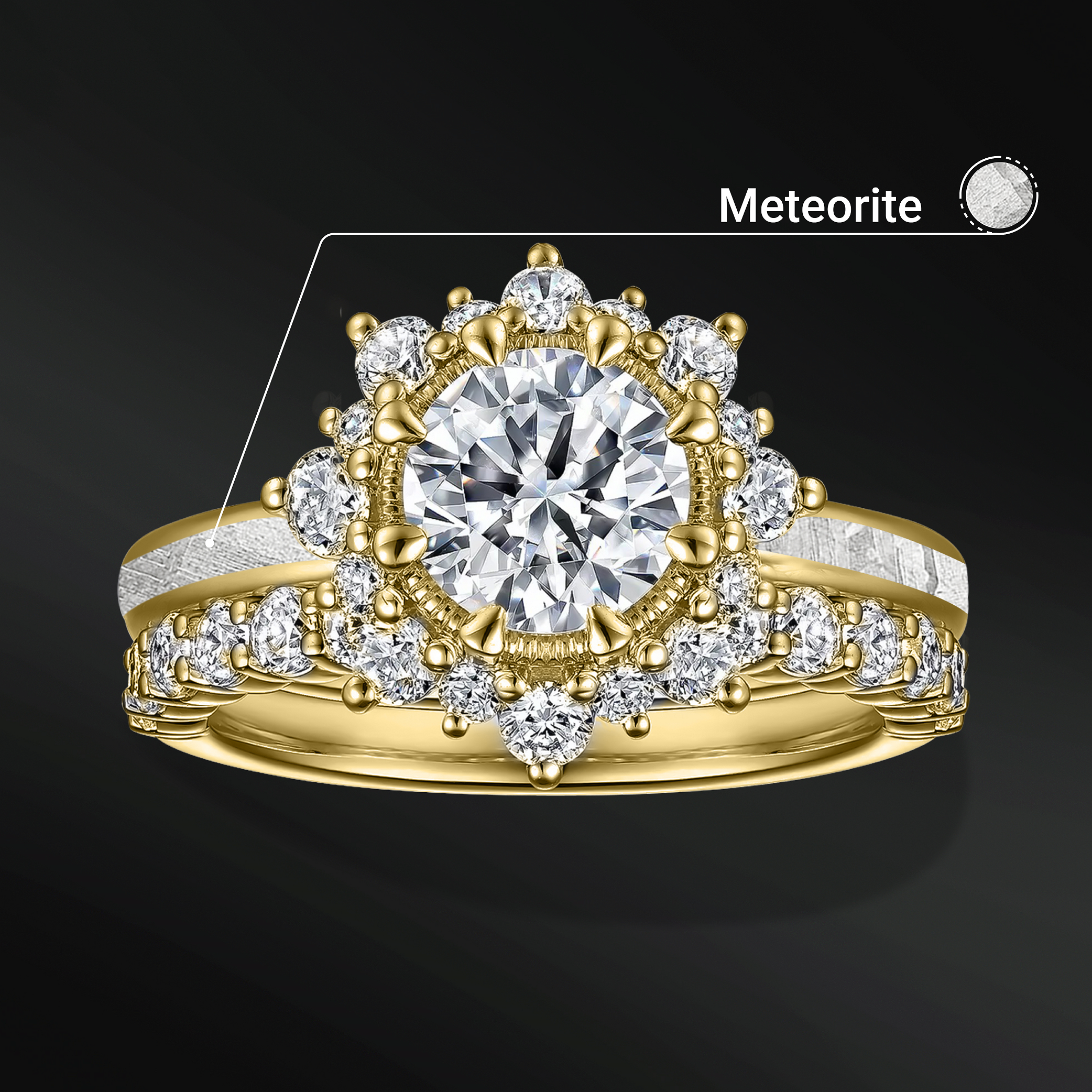 Sun Set – 1 CT Certified Moissanite Engagement Ring | Natural Meteorite | D-color and VVS1 clarity | Halo Design