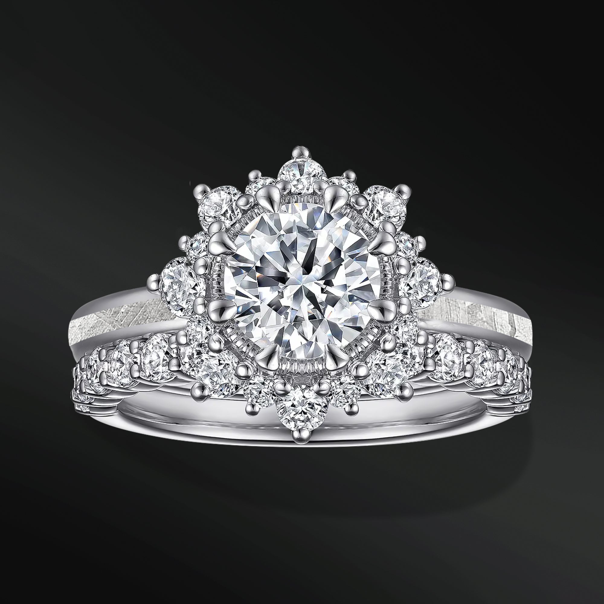 Sun Set – 1 CT Certified Moissanite Engagement Ring | Natural Meteorite | D-color and VVS1 clarity | Halo Design