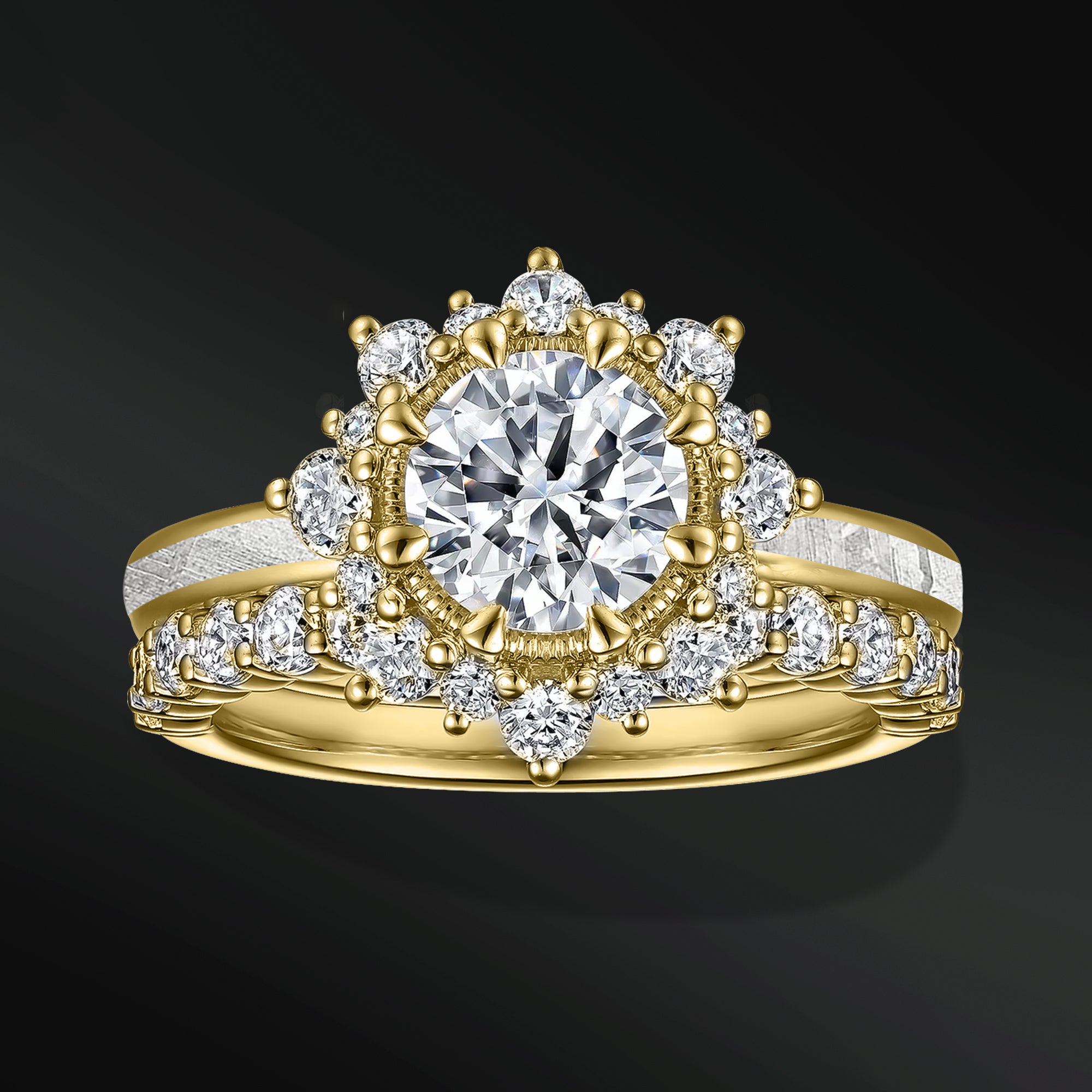 Sun Set – 1 CT Certified Moissanite Engagement Ring | Natural Meteorite | D-color and VVS1 clarity | Halo Design