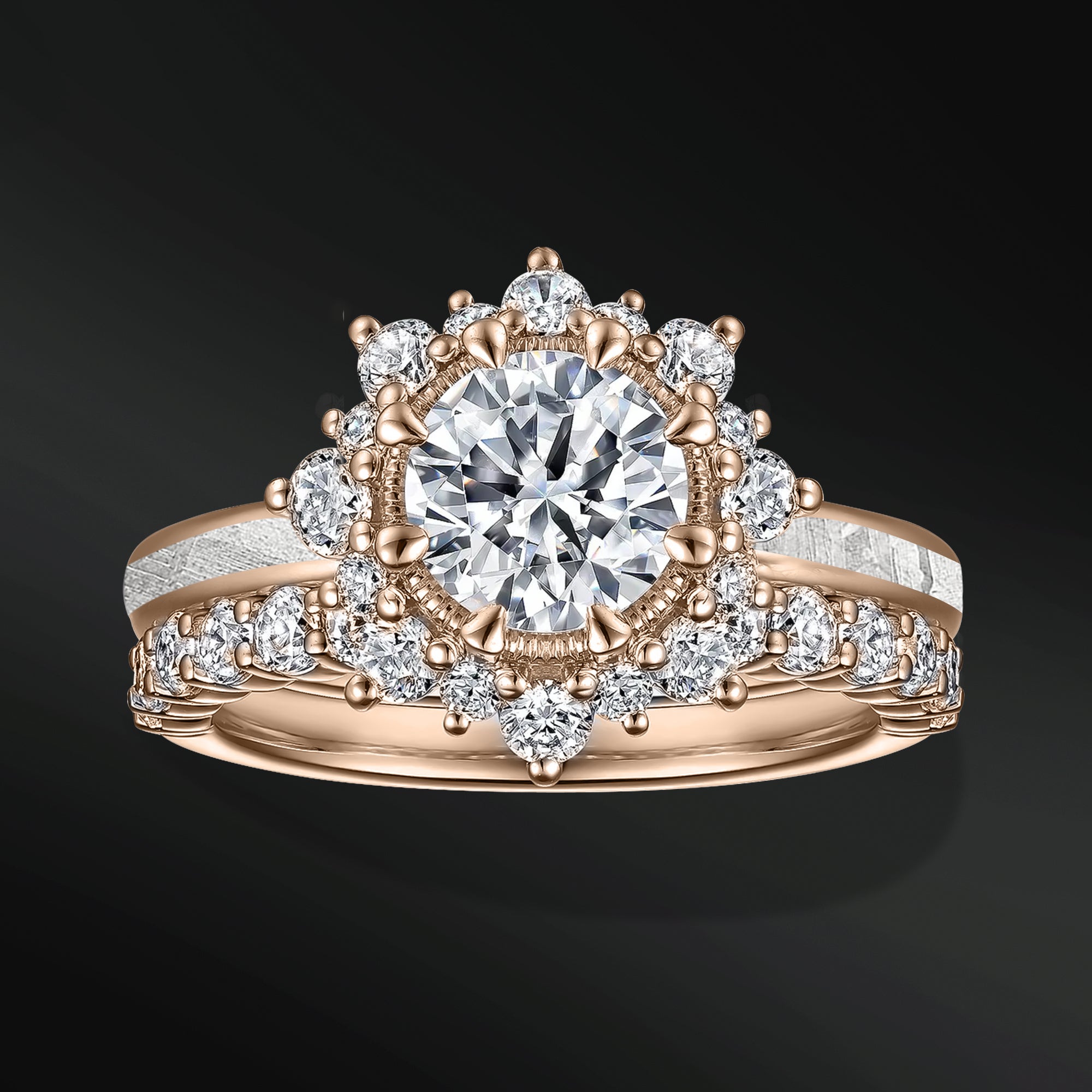 Sun Set – 1 CT Certified Moissanite Engagement Ring | Natural Meteorite | D-color and VVS1 clarity | Halo Design
