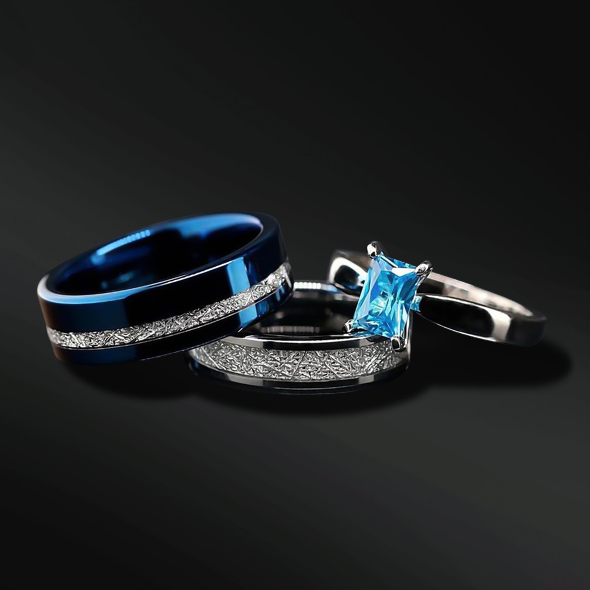 Blue Meteorite Engagement Wedding Rings Set | Sterling Silver Solitaire & Tungsten Bands