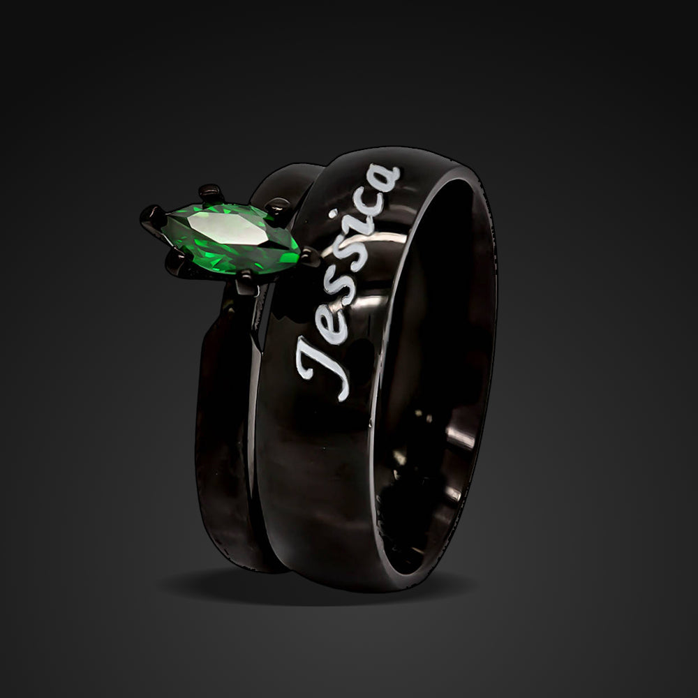 Custom Black Plated Wedding Ring Set Green Emerald Cubic Zirconia Engagement Rings