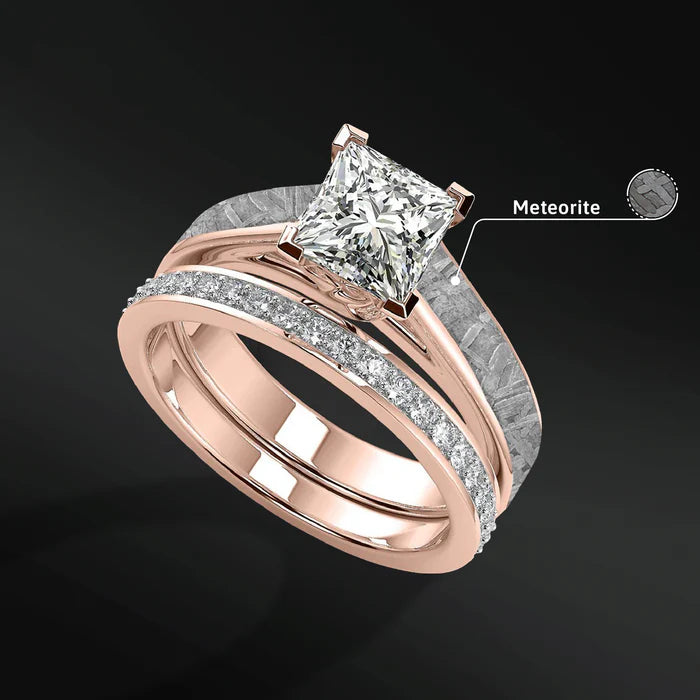 Golden Skyfall Set - 14K Gold OR Sterling Silver Ring Set for Women | 1.24 CT Certified Moissanite Engagement Ring | Muonionalusta Meteorite | D -color and VVS1 Clarity