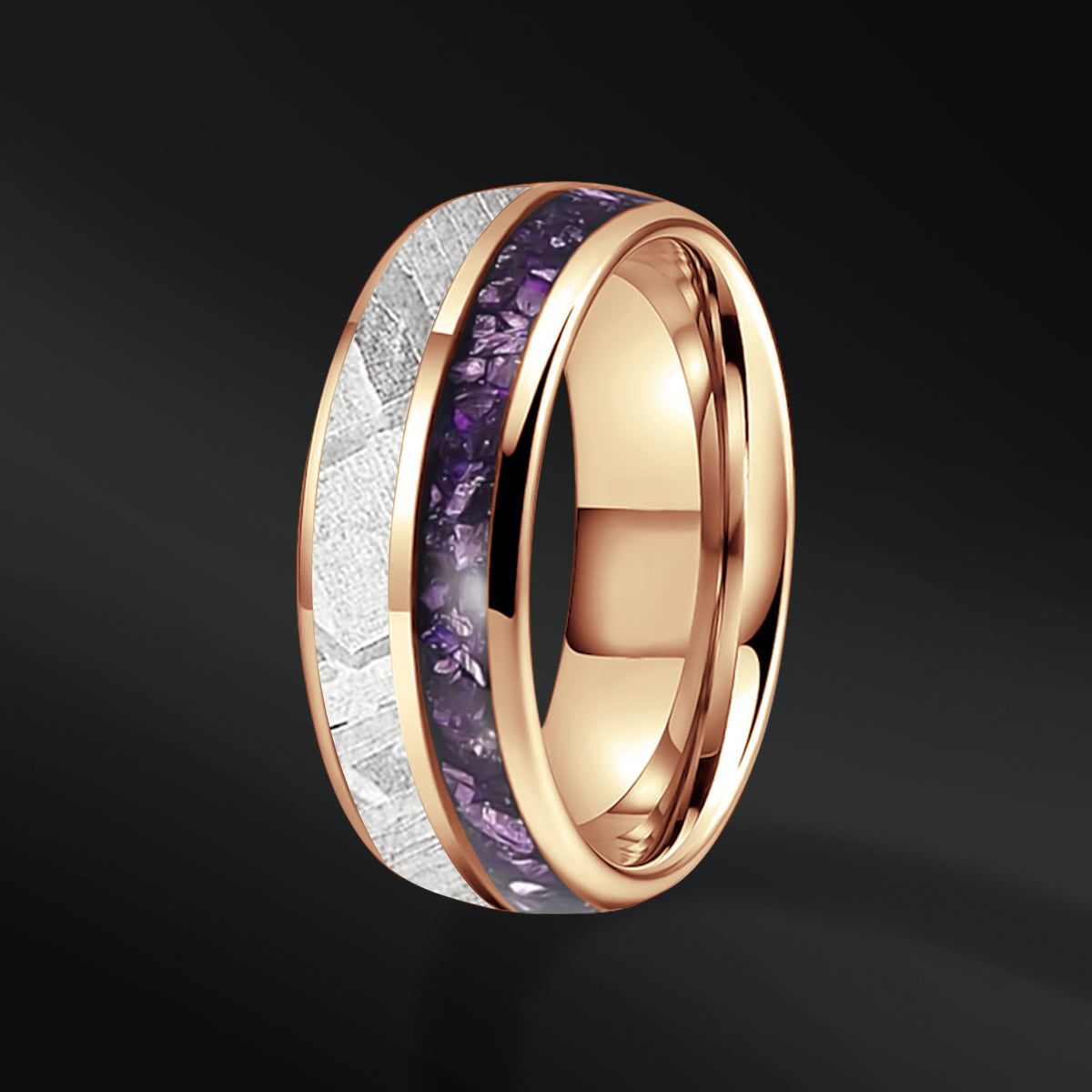 Violet Bliss — Men's Meteorite & Amethyst Wedding Band in Rose Gold Violet Bliss — Men's Meteorite & Amethyst Wedding Band in Rose Gold