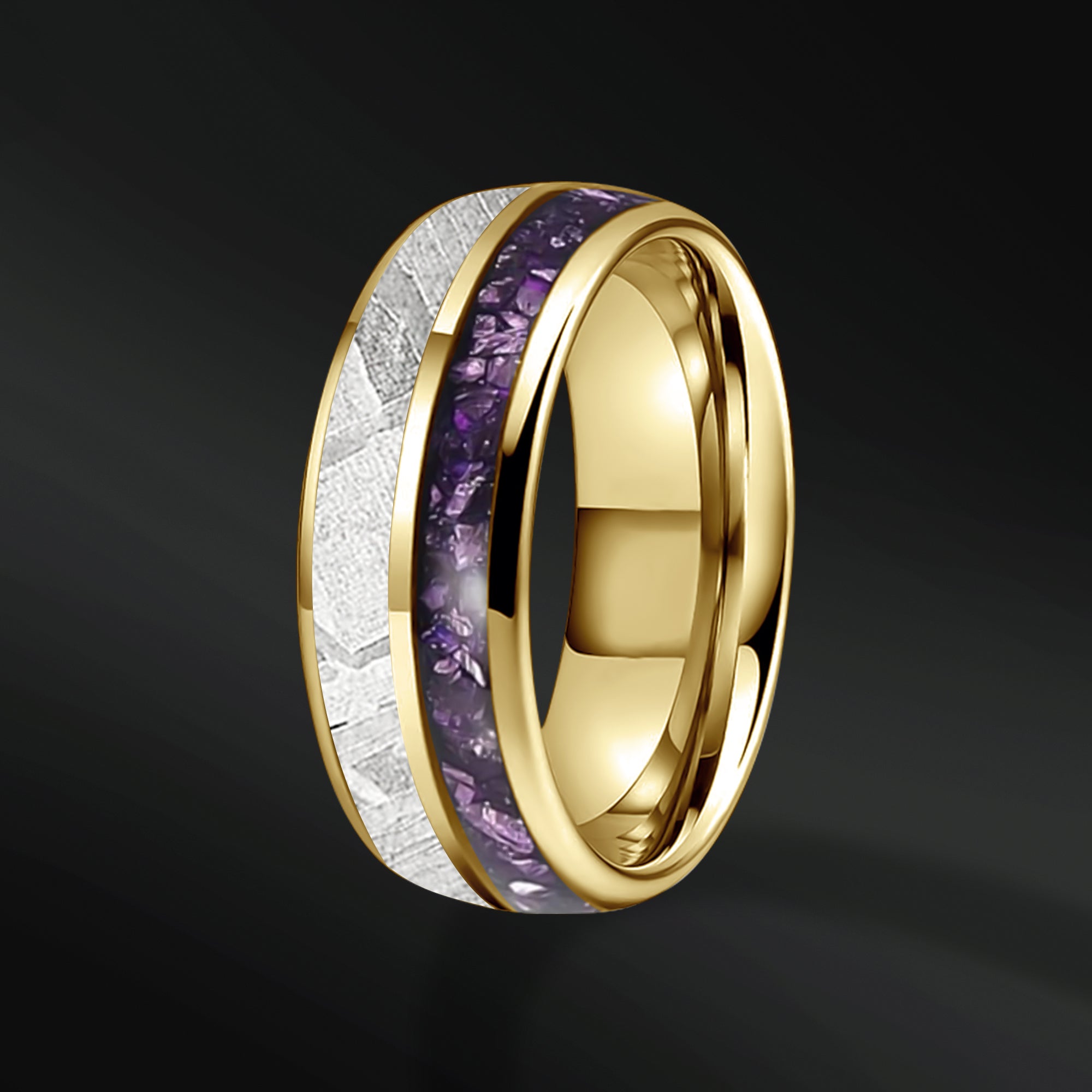 Violet Bliss - Men's Wedding Band | Muonionalusta Meteorite and Amethyst Wedding Ring | Stainless Steel