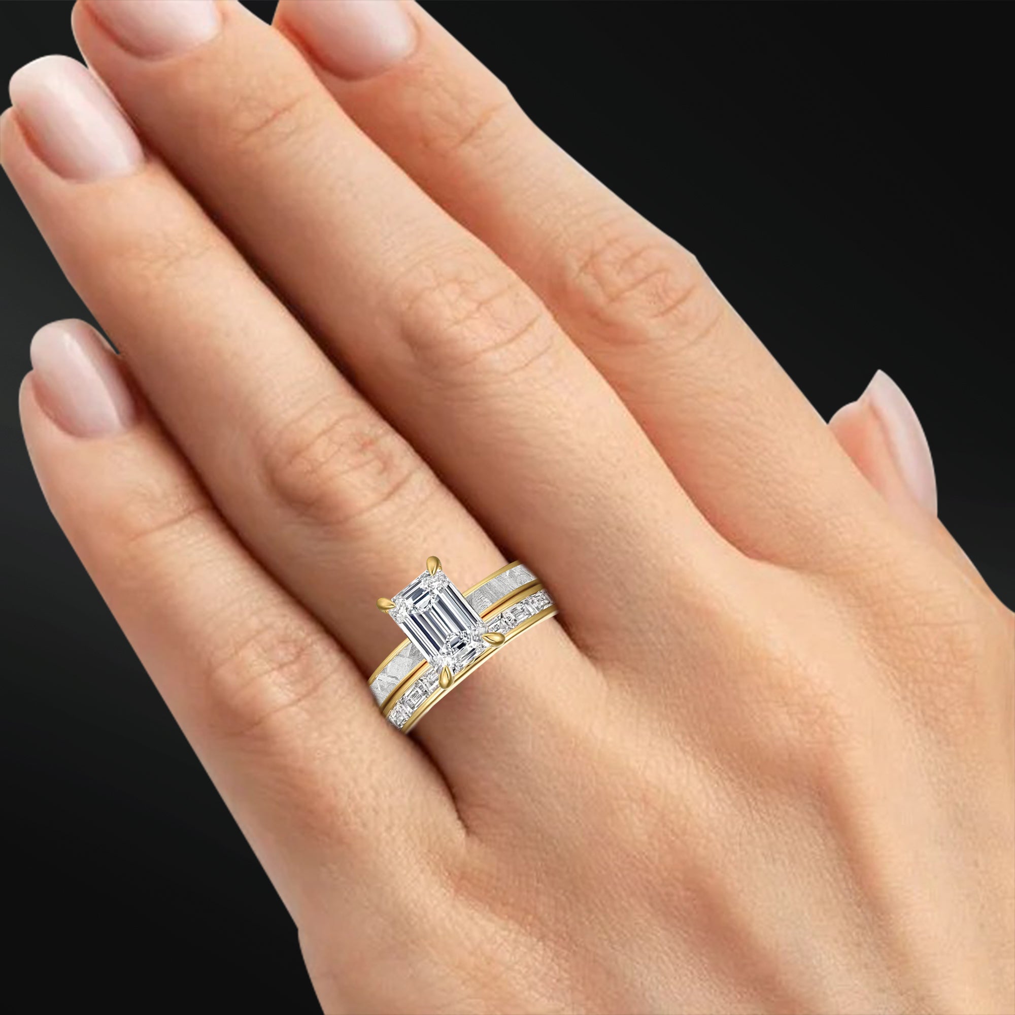 Galactic Eternity - 14K Gold or Sterling Silver Ring Set | Certified 1.75 CT Emerald Cut Moissanite Engagement Ring | Natural Meteorite Bridal Set | D-Color VVS1 Clarity