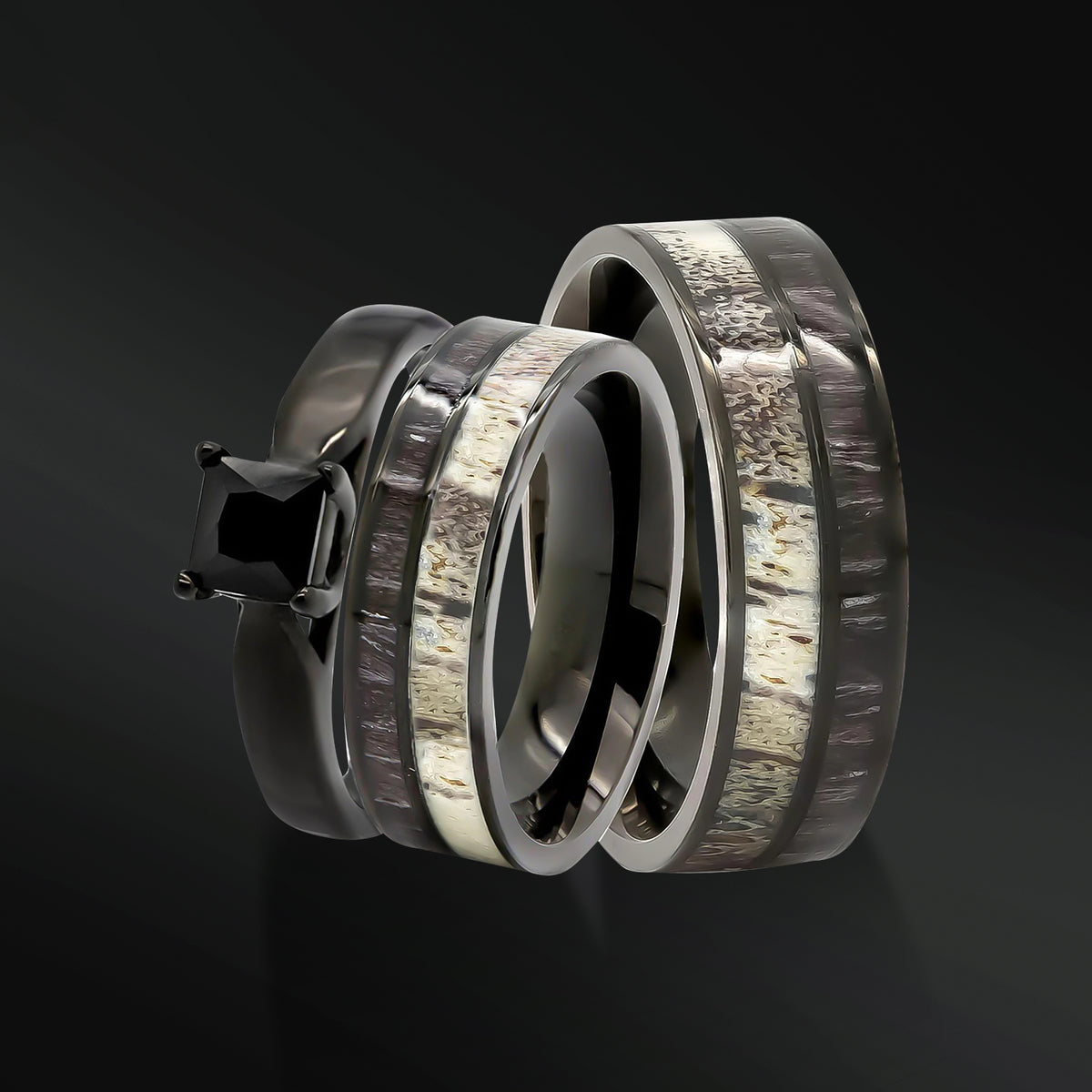 His & Her Deer Antler Wedding Rings Black Koa Wood Ring Set His & Her Deer Antler Wedding Rings Black Koa Wood Ring Set