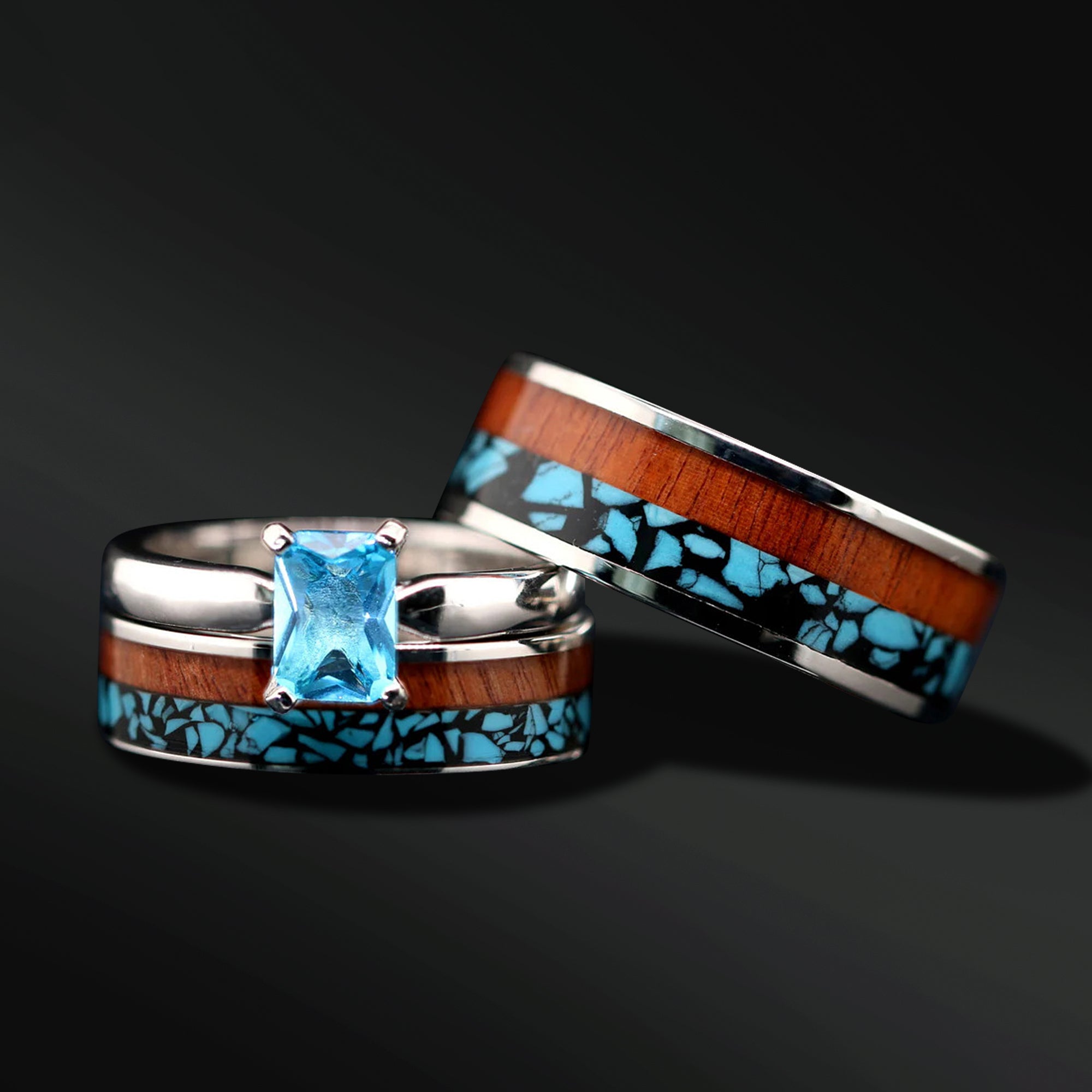 His and Her 3 piece Wood Ring Set Turquoise Wedding Rings Set
