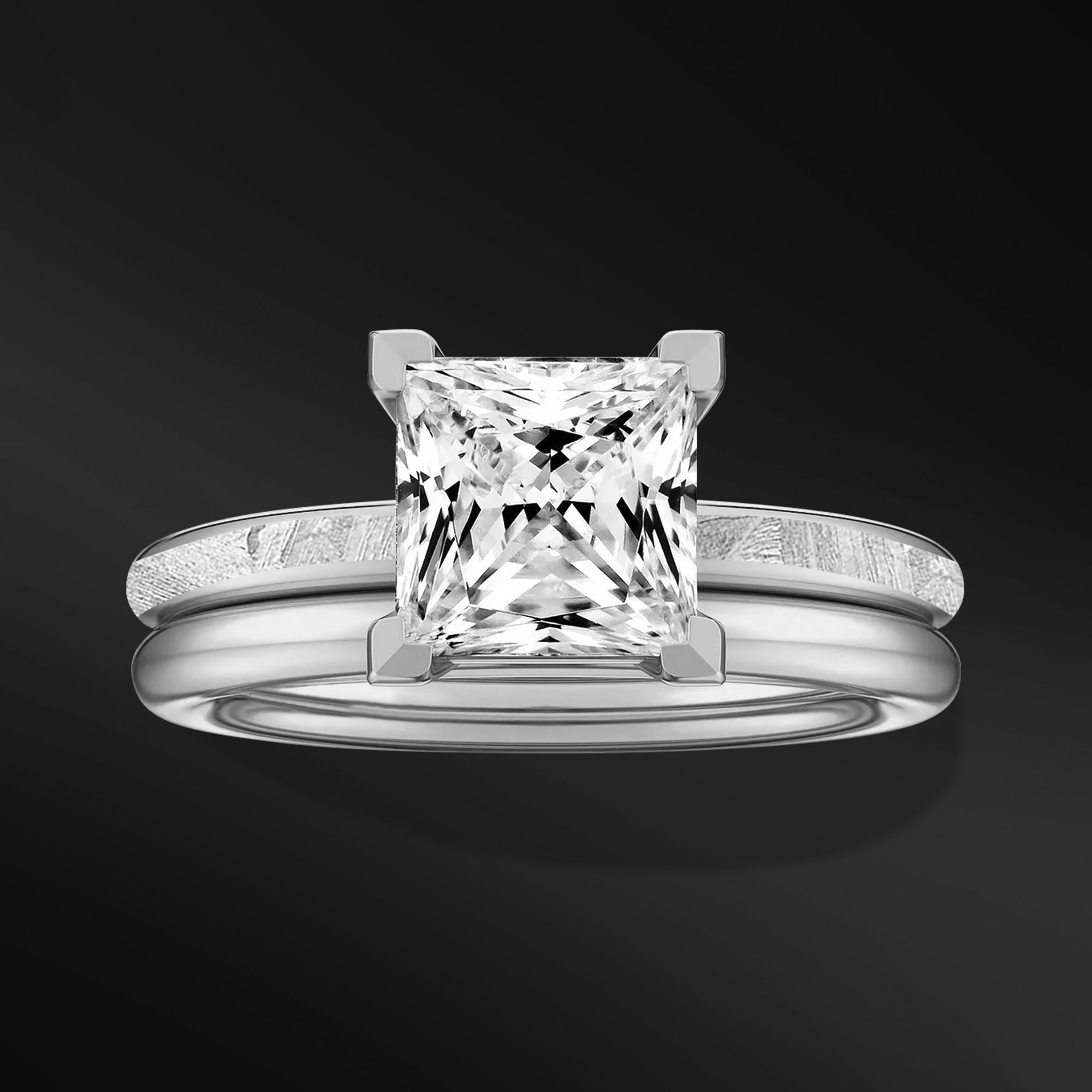 Cosmic Princess - Ring Set | 14K Gold or Sterling silver with 2ct Princess Moissanite Engagement Ring | Natural Meteorite