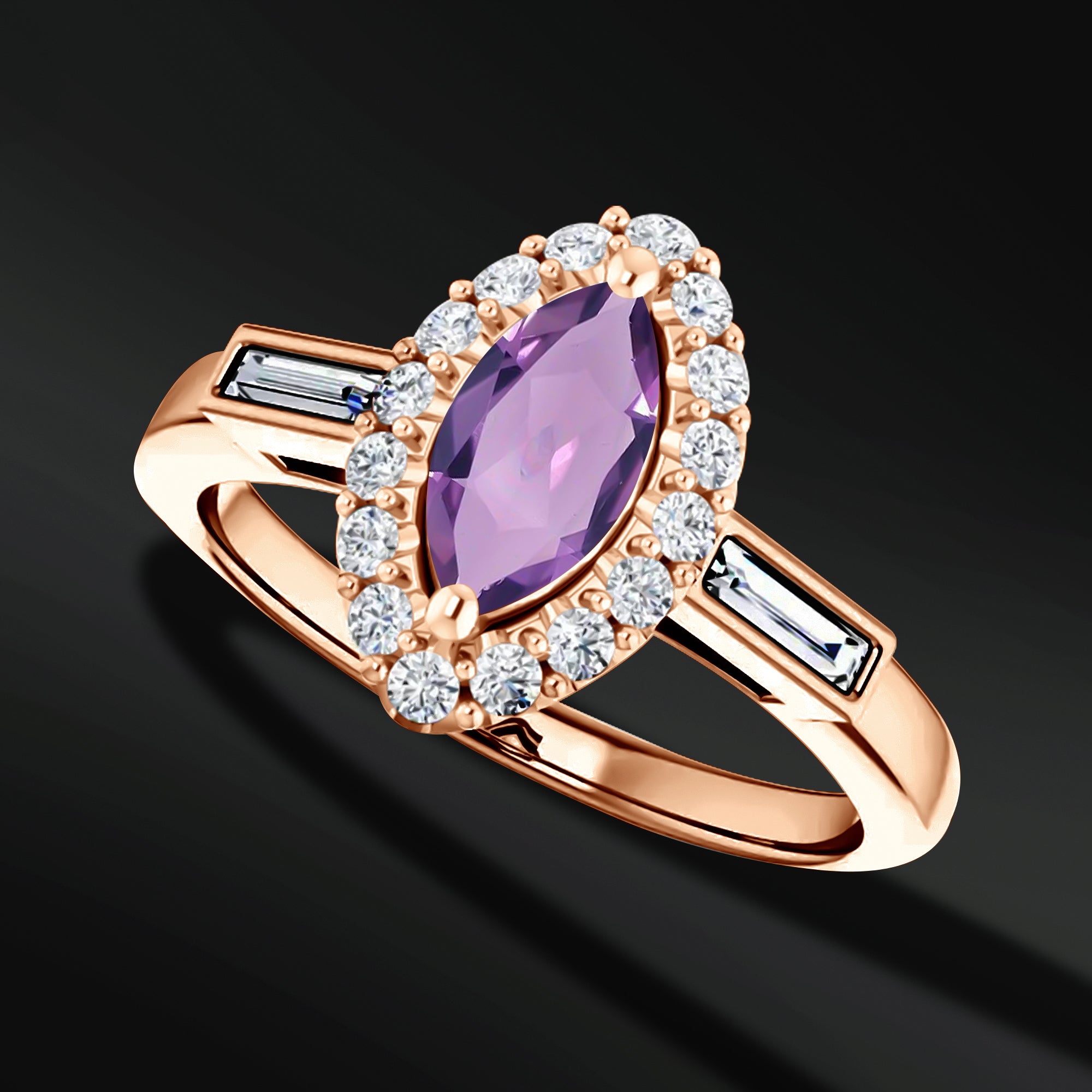 Soulmate Spark - 14K Gold Engagement Ring | 8x4mm AAA Natural Amethyst | Natural Diamonds with GHI Color and SI2-SI3 Clarity