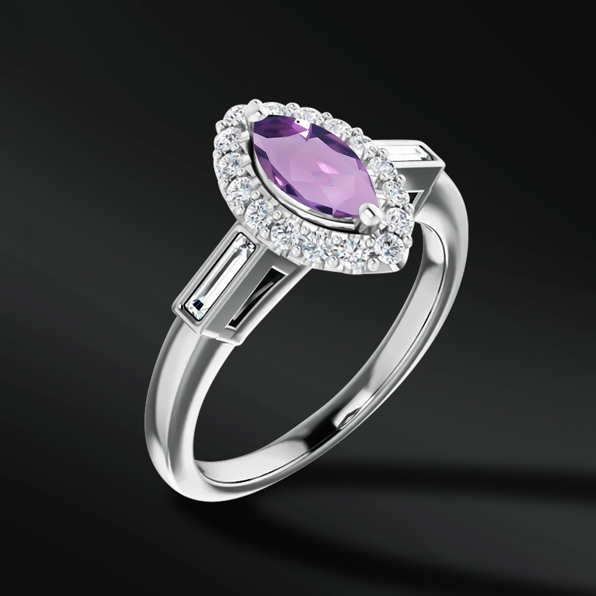 Soulmate Spark - 14K Gold Engagement Ring | 8x4mm AAA Natural Amethyst | Natural Diamonds with GHI Color and SI2-SI3 Clarity