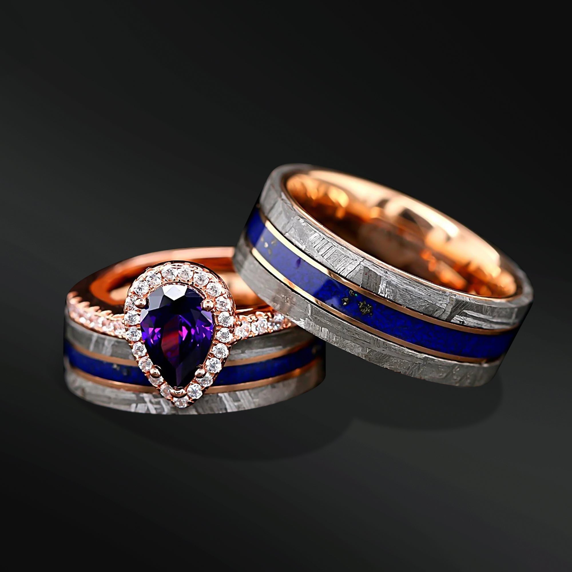 Meteor Pear - 3 pcs Couple Engagement Ring Set | Gold Plated Ring for Women | Meteorite Wedding Bands for Him & Her