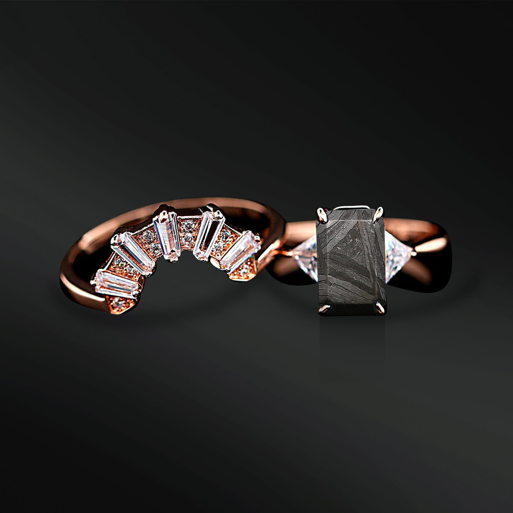 Meteorite Mirage Duo Engagement Ring Set | Muonionalusta Center Stone with Baguette & Round Cut Moissanites