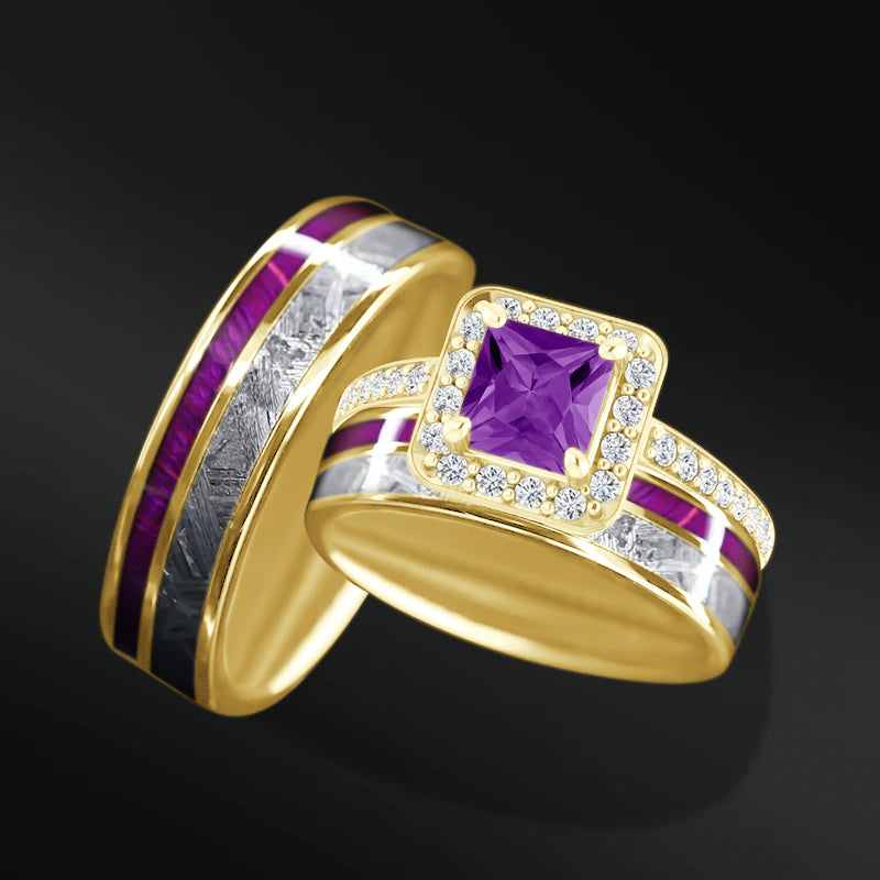 Celestial Radiance Set – 3PCS His & Her Wedding Ring Set | Natural Amethyst Engagement Ring With Natural Diamonds | Muonionalusta Meteorite and Purple Wood Wedding Bands