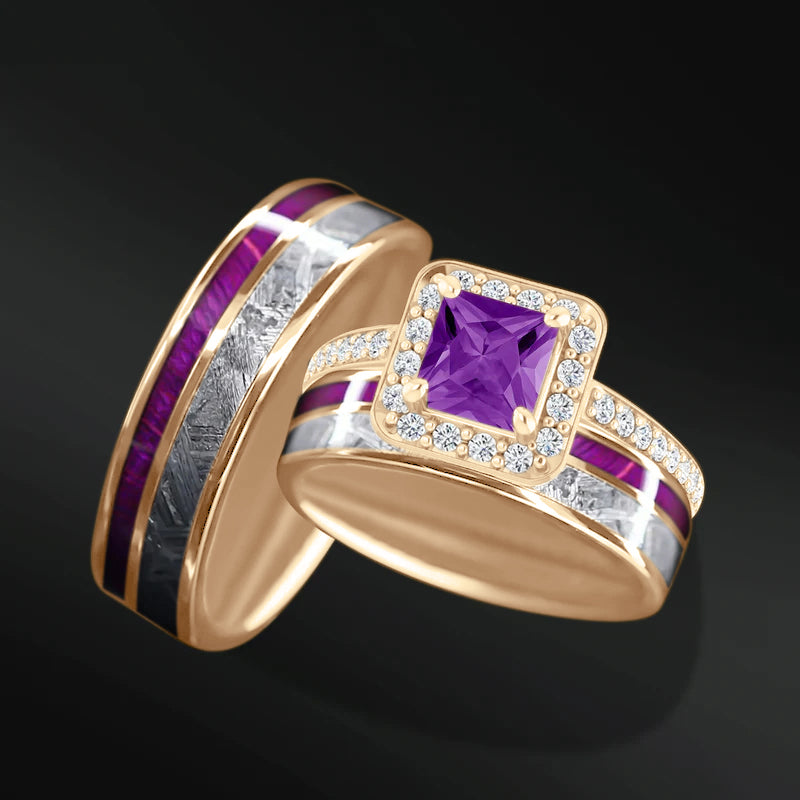 Celestial Radiance Set – 3PCS His & Her Wedding Ring Set | Natural Amethyst Engagement Ring With Natural Diamonds | Muonionalusta Meteorite and Purple Wood Wedding Bands