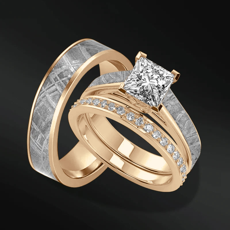 Golden Skyfall Set - 3PCS His & Her Wedding Engagement Ring Set | 1.24 CT Certified Moissanite Engagement Ring With Lab Diamonds | Muonionalusta Meteorite Wedding Band