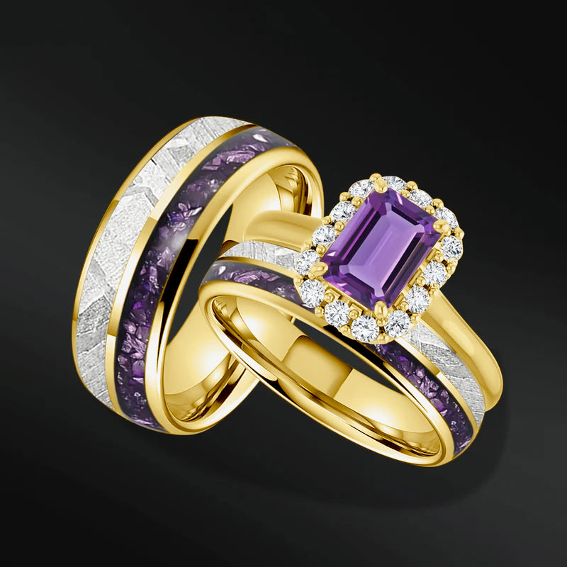 Violet Bliss Set - 3PCS His & Her Wedding Engagement Ring Set | Amethyst Engagement Ring With Natural Diamonds | Muonionalusta Meteorite and Amethyst Wedding Band
