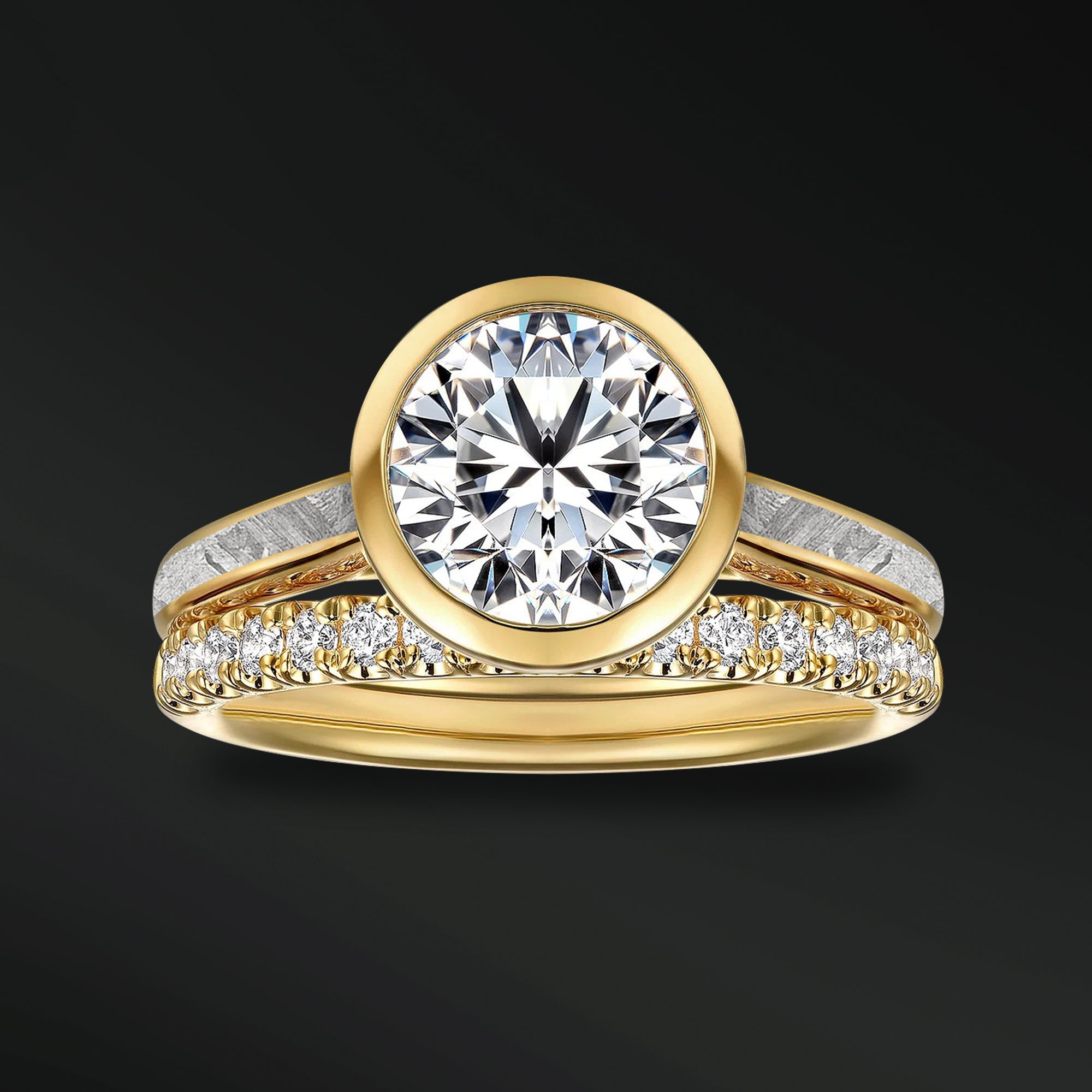 Solstice Embrace - 14K Gold or Sterling silver Ring Set for Women | Muonionalusta Meteorite | Certified Moissanite Engagement Ring