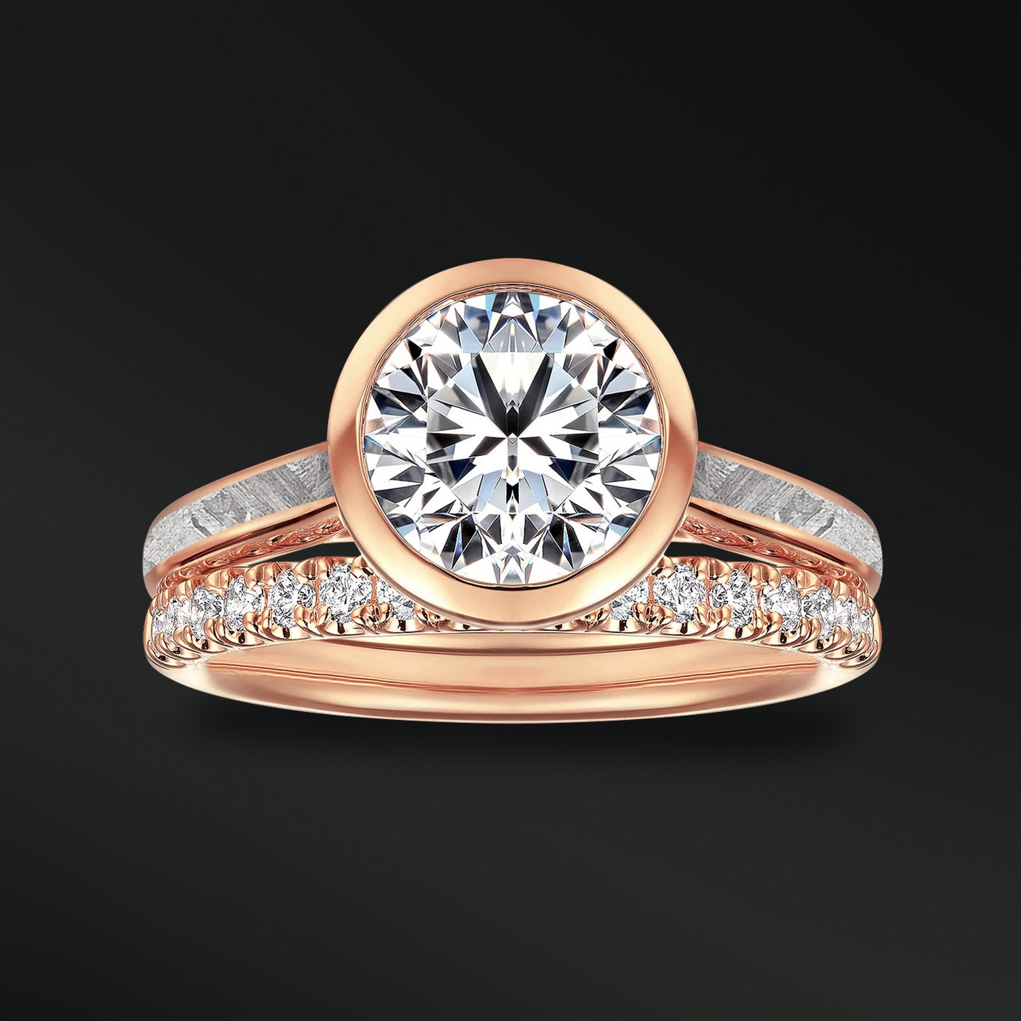 Solstice Embrace - 14K Gold or Sterling silver Ring Set for Women | Muonionalusta Meteorite | Certified Moissanite Engagement Ring