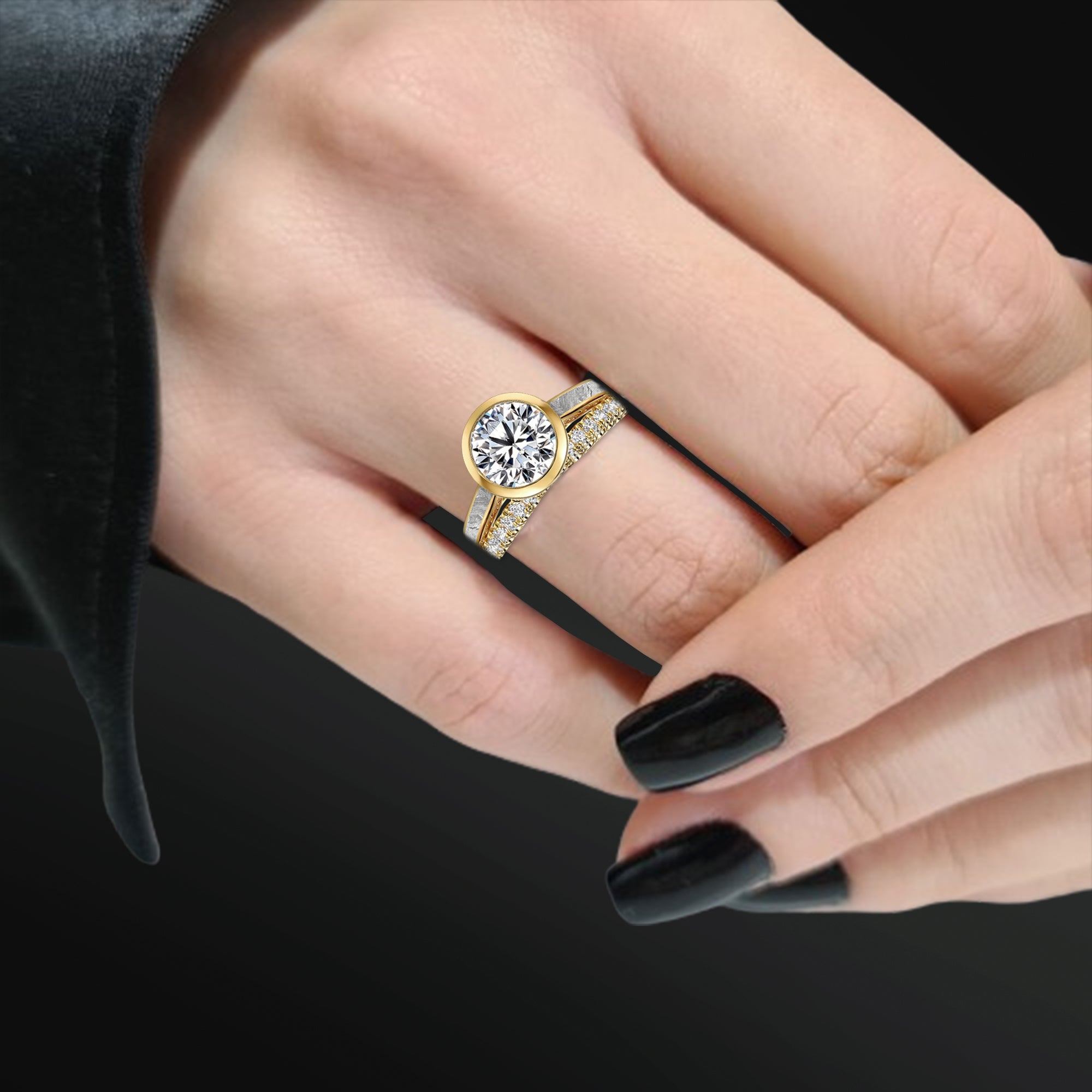 Solstice Embrace - 14K Gold or Sterling silver Ring Set for Women | Muonionalusta Meteorite | Certified Moissanite Engagement Ring