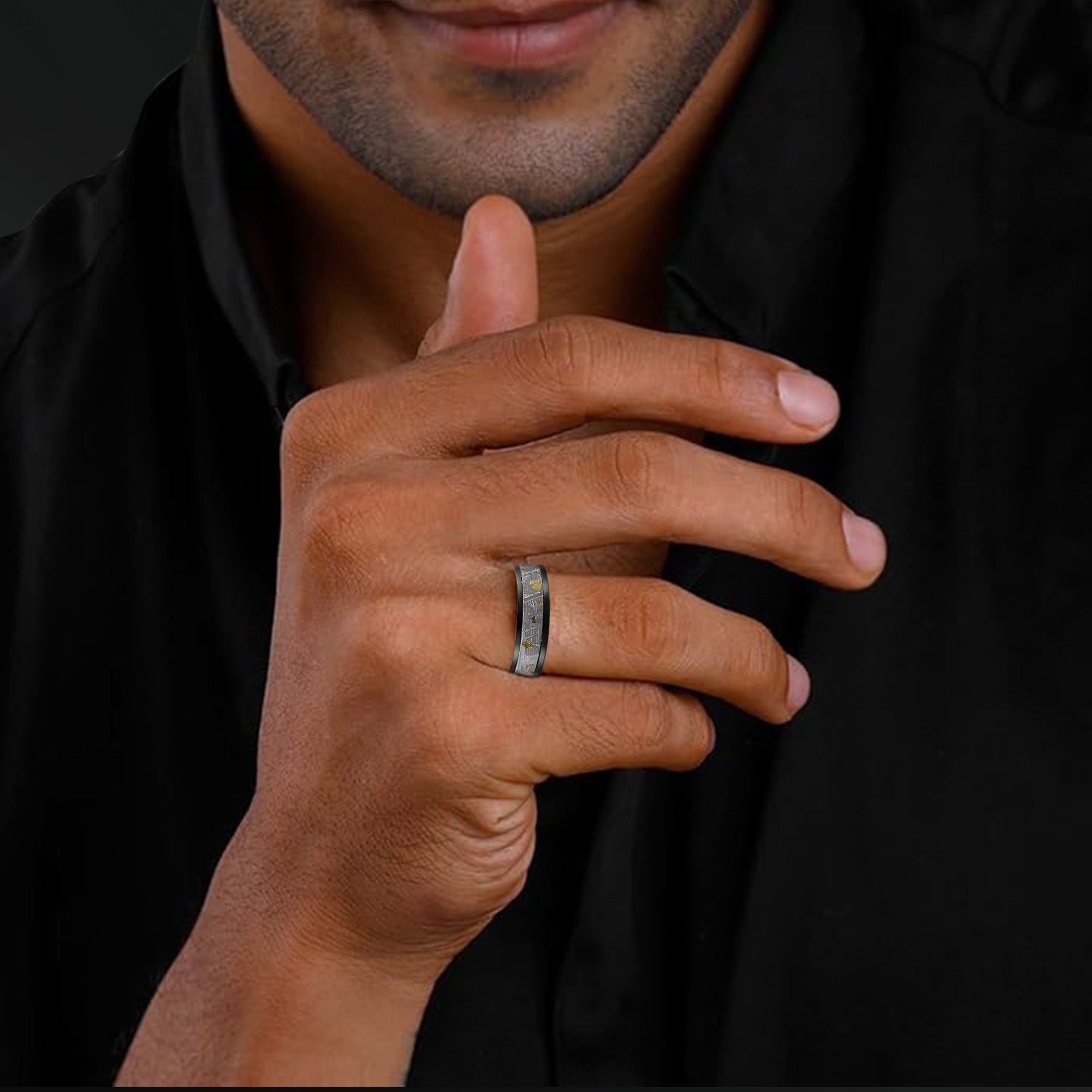 Meteor Bound - Asteroid Wedding Band for men | Tungsten | Muonionalusta Meteorite & Gold foil Ring for him