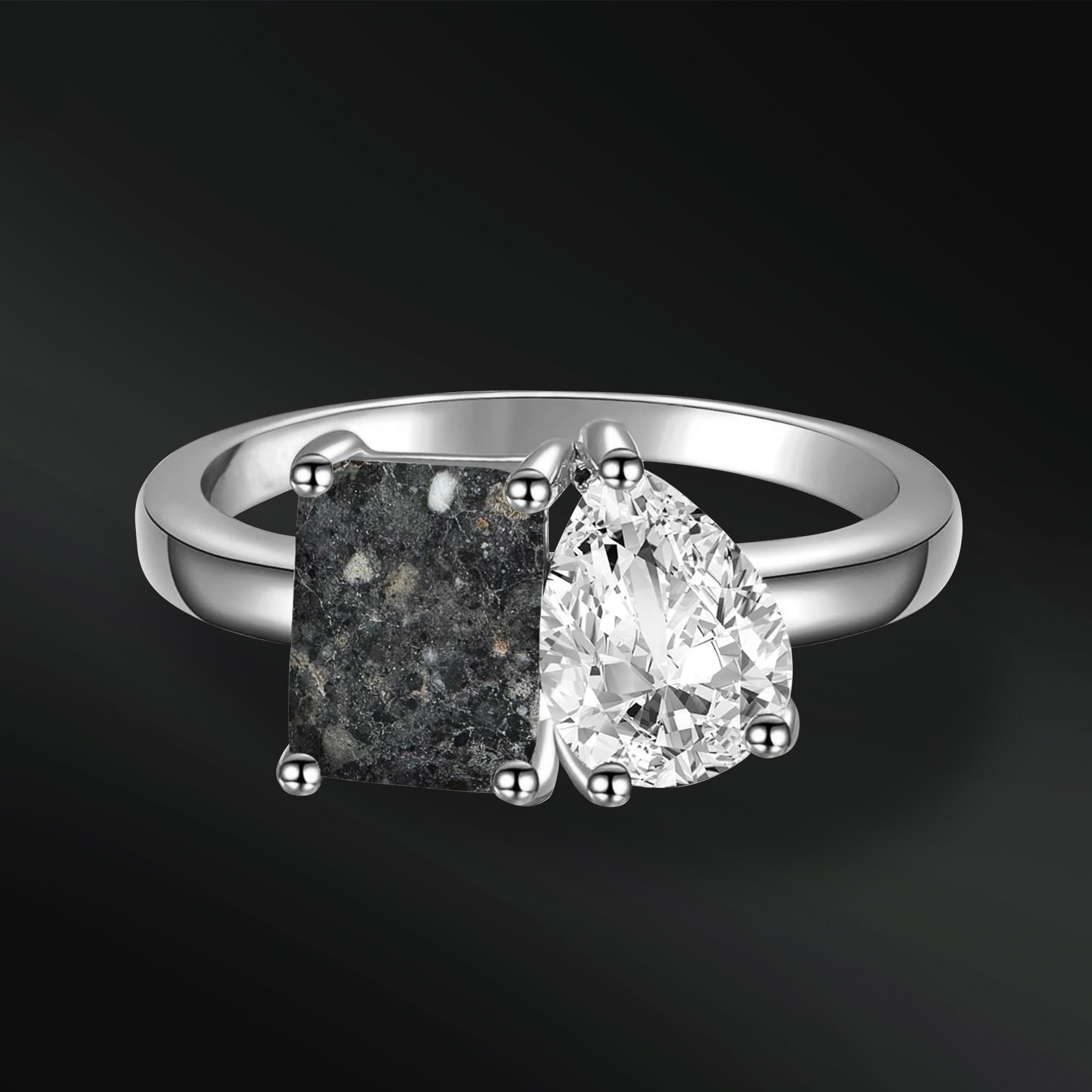 Moon Obsession - 14K Gold or Sterling Silver Engagement Ring for Her | Genuine Lunar Meteorite & Moissanite | D-Color VVS1 Clarity