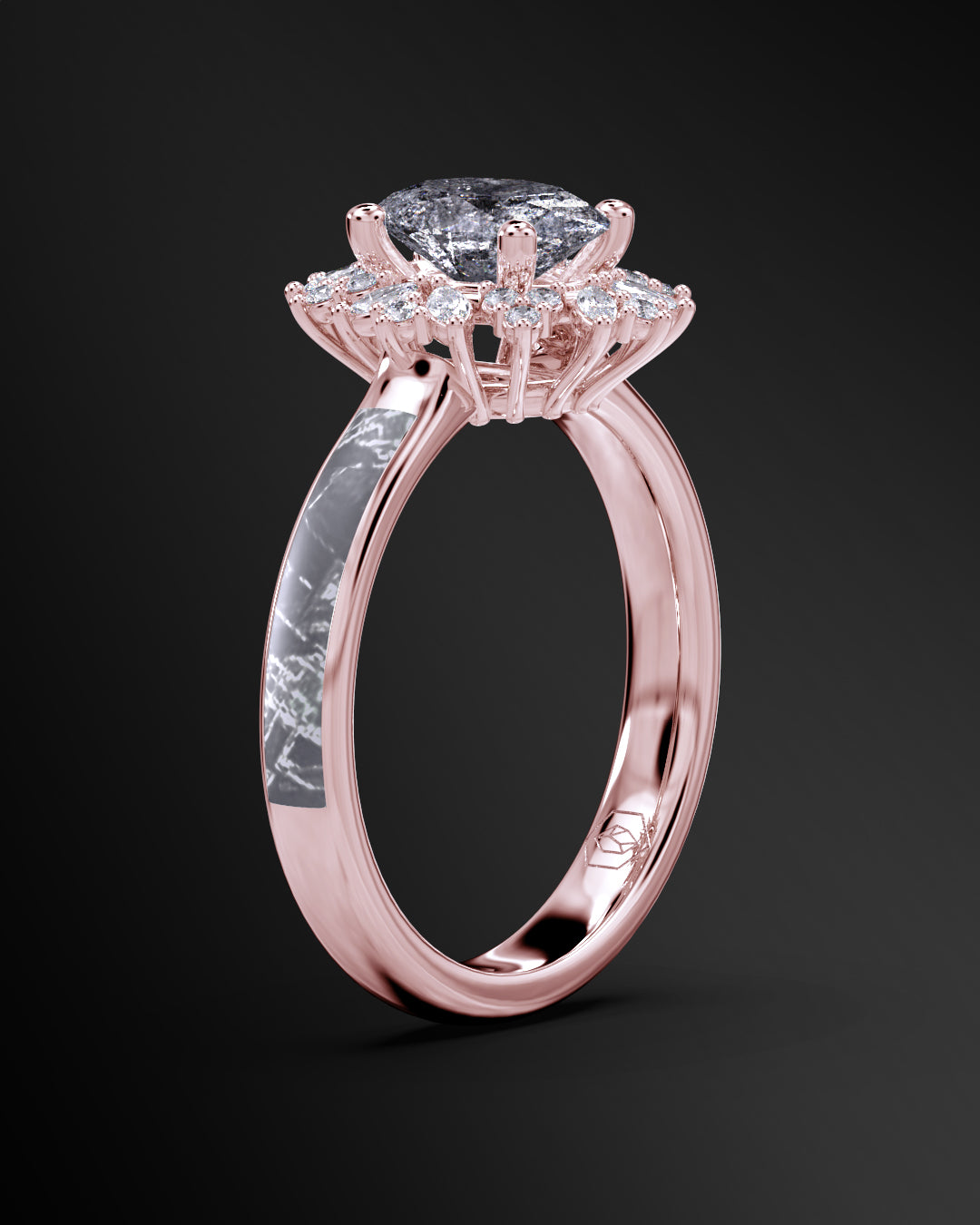 Starlight Orbit - Women's ENGAGEMENT RING | Muonionalusta Meteorite Inlay | 7x 5mm Oval-cut GALAXY DIAMOND RING