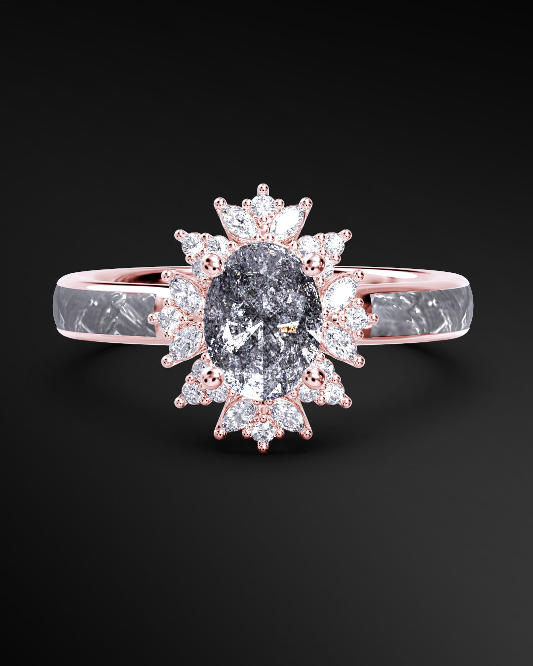 Starlight Orbit - Women's ENGAGEMENT RING | Muonionalusta Meteorite Inlay | 7x 5mm Oval-cut GALAXY DIAMOND RING