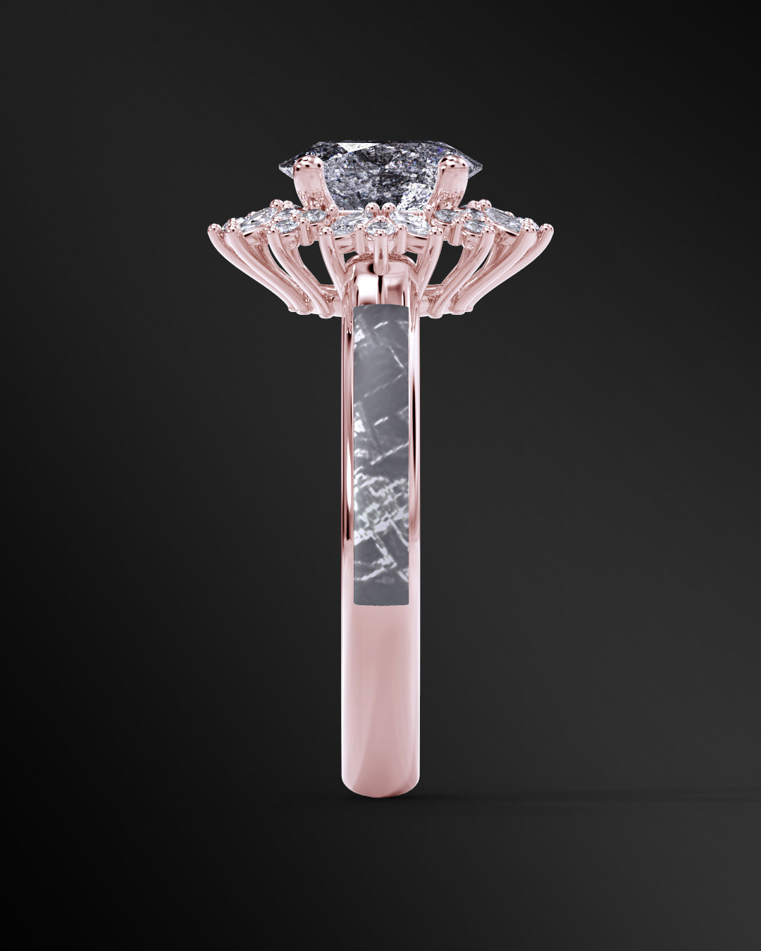 Starlight Orbit - Women's ENGAGEMENT RING | Muonionalusta Meteorite Inlay | 7x 5mm Oval-cut GALAXY DIAMOND RING