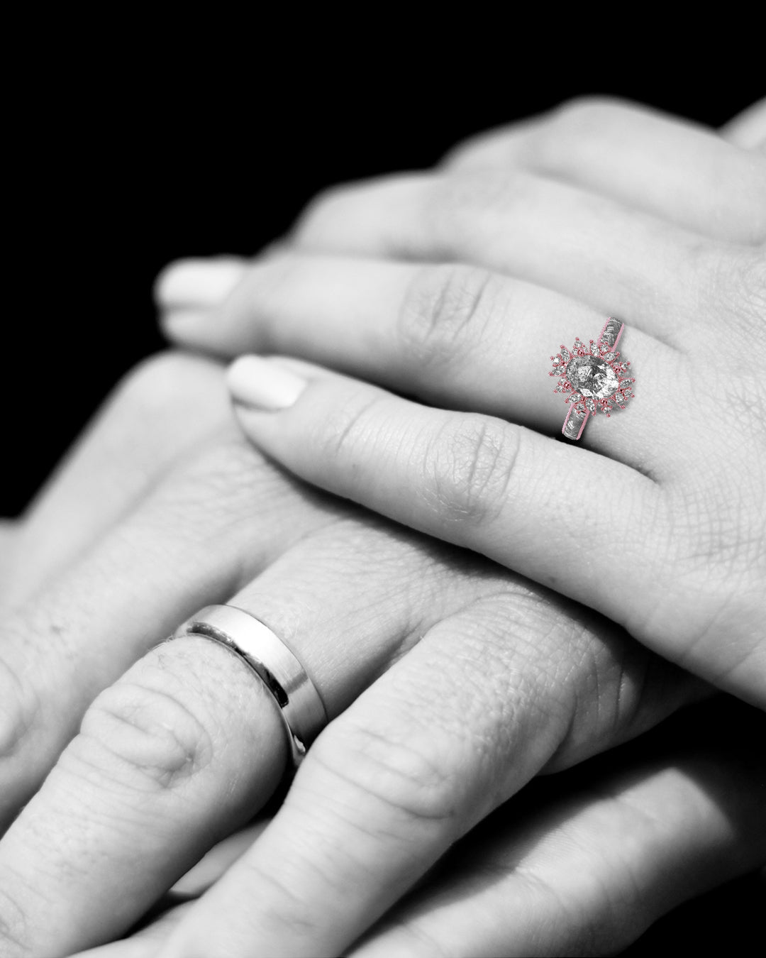 Starlight Orbit - Women's ENGAGEMENT RING | Muonionalusta Meteorite Inlay | 7x 5mm Oval-cut GALAXY DIAMOND RING