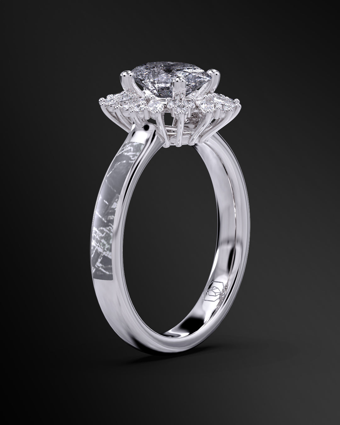 Starlight Orbit - Women's ENGAGEMENT RING | Muonionalusta Meteorite Inlay | 7x 5mm Oval-cut GALAXY DIAMOND RING