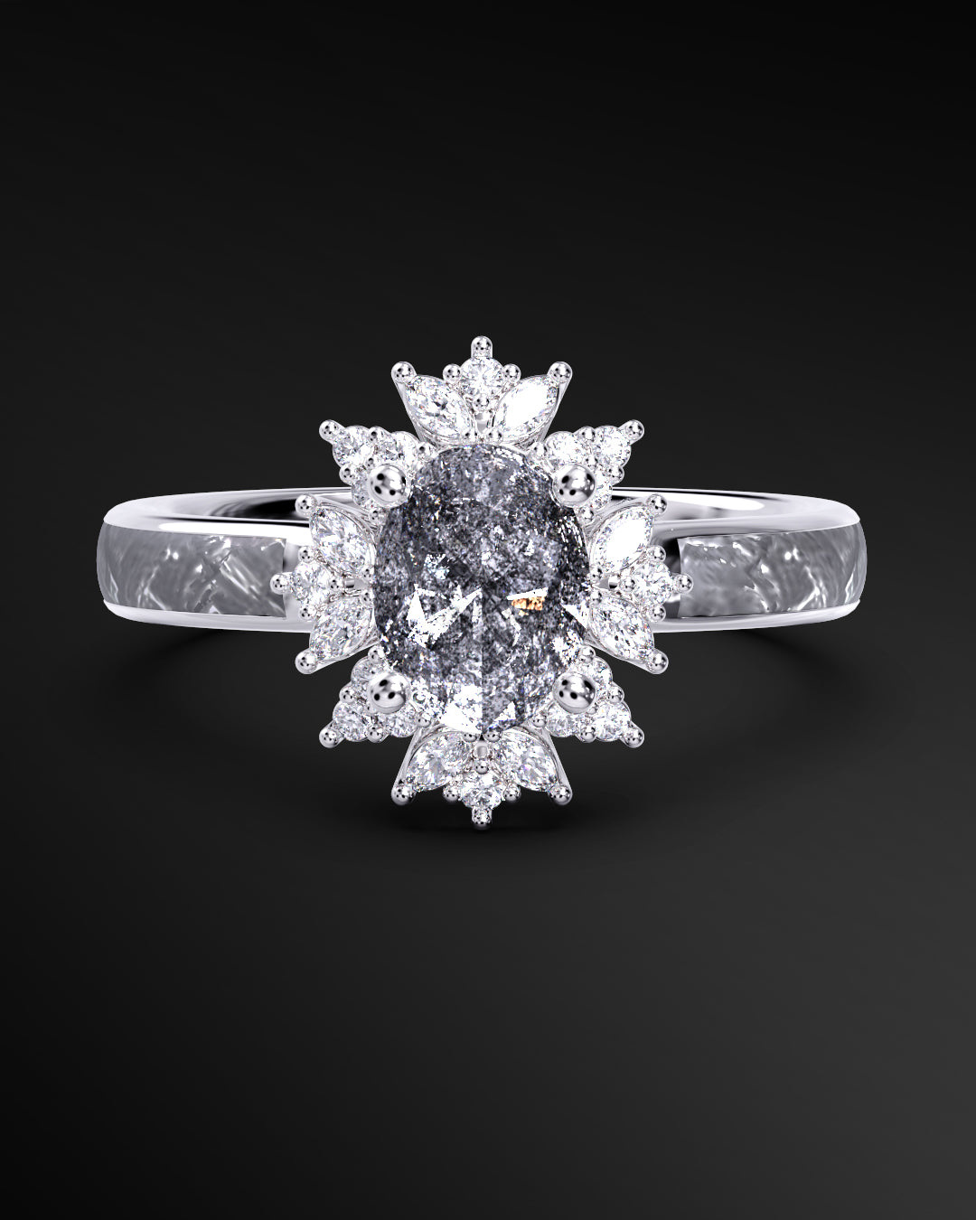 Starlight Orbit - Women's ENGAGEMENT RING | Muonionalusta Meteorite Inlay | 7x 5mm Oval-cut GALAXY DIAMOND RING
