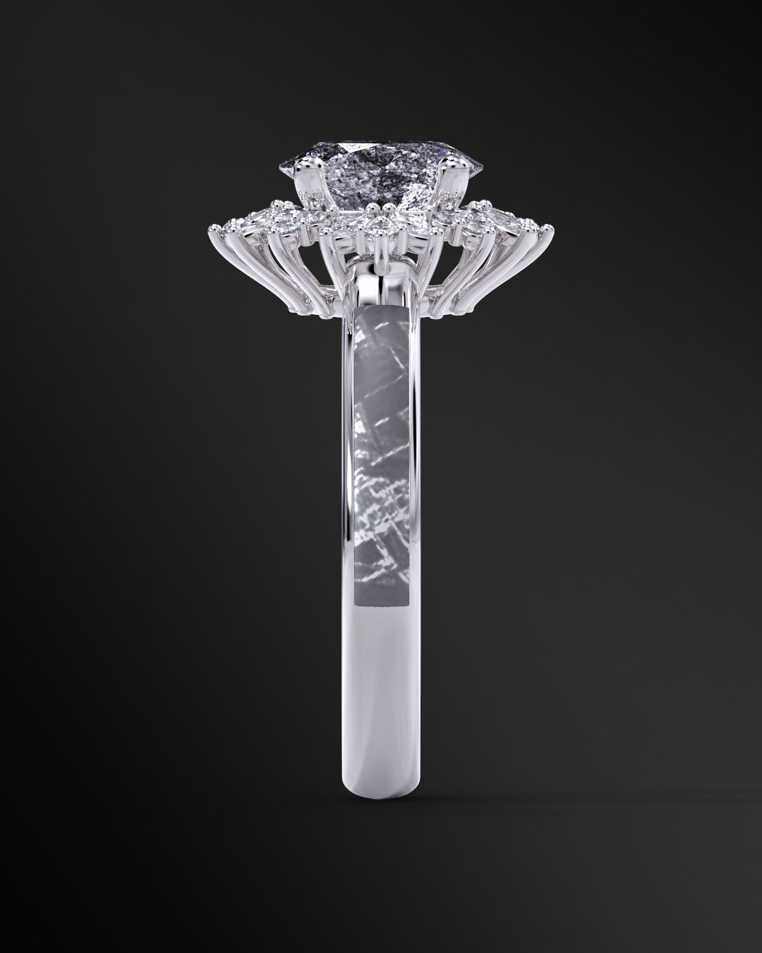 Starlight Orbit - Women's ENGAGEMENT RING | Muonionalusta Meteorite Inlay | 7x 5mm Oval-cut GALAXY DIAMOND RING