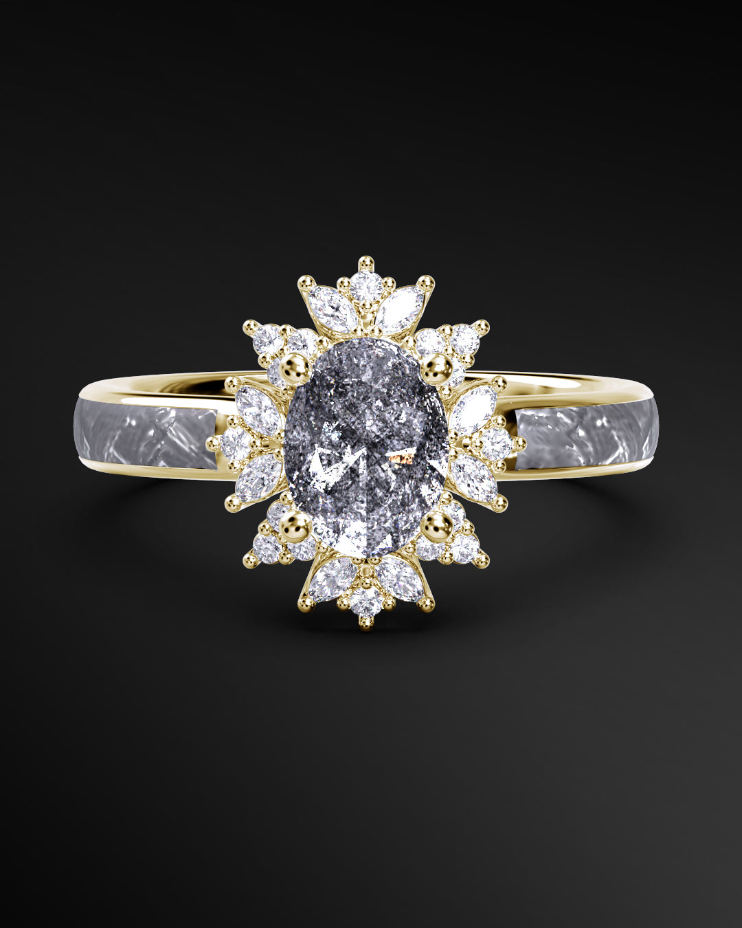 Starlight Orbit - Women's ENGAGEMENT RING | Muonionalusta Meteorite Inlay | 7x 5mm Oval-cut GALAXY DIAMOND RING