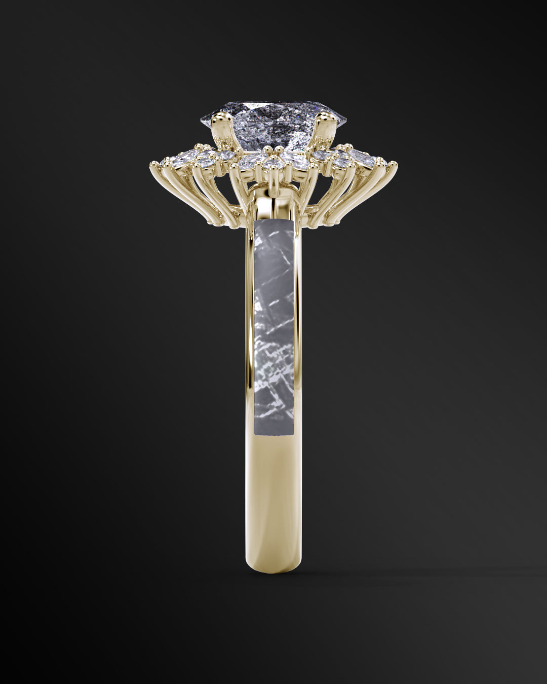 Starlight Orbit - Women's ENGAGEMENT RING | Muonionalusta Meteorite Inlay | 7x 5mm Oval-cut GALAXY DIAMOND RING