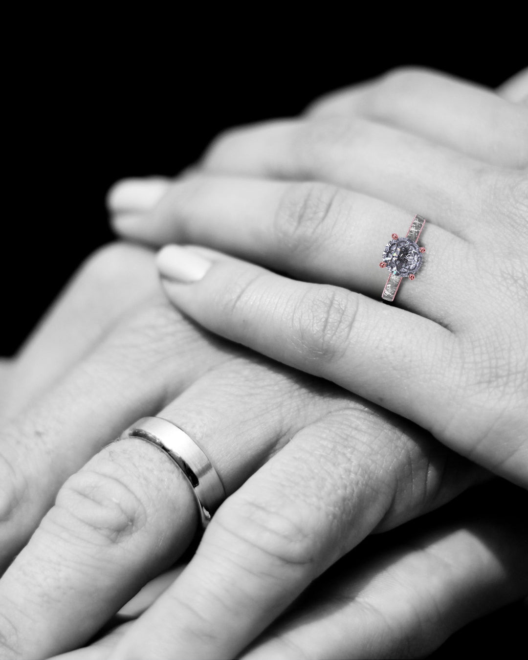 Astral Bloom - Women's ENGAGEMENT RING | Muonionalusta Meteorite Inlay | 8x8mm Round-cut Galaxy Diamond Ring