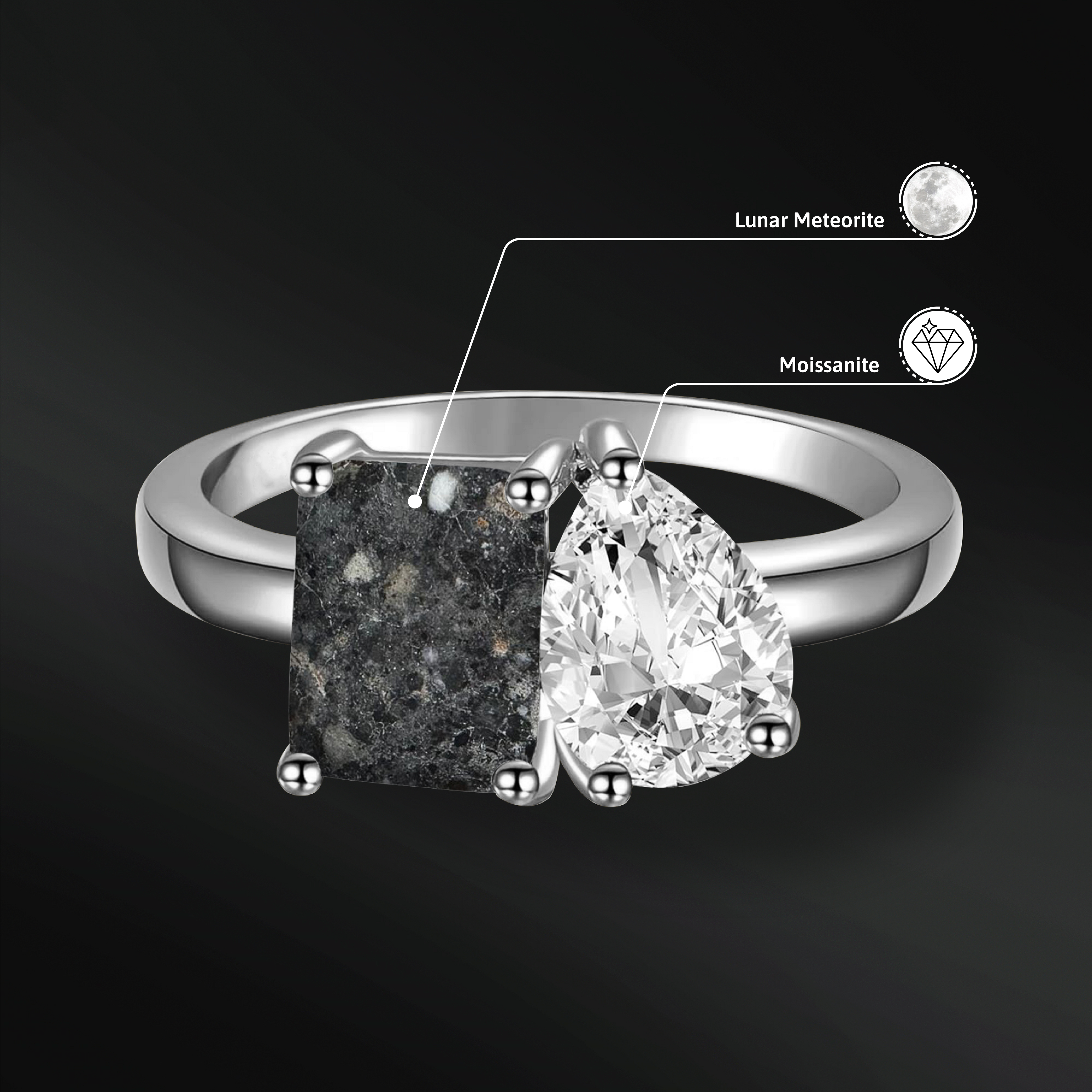 Moon Obsession - 14K Gold or Sterling Silver Engagement Ring for Her | Genuine Lunar Meteorite & Moissanite | D-Color VVS1 Clarity