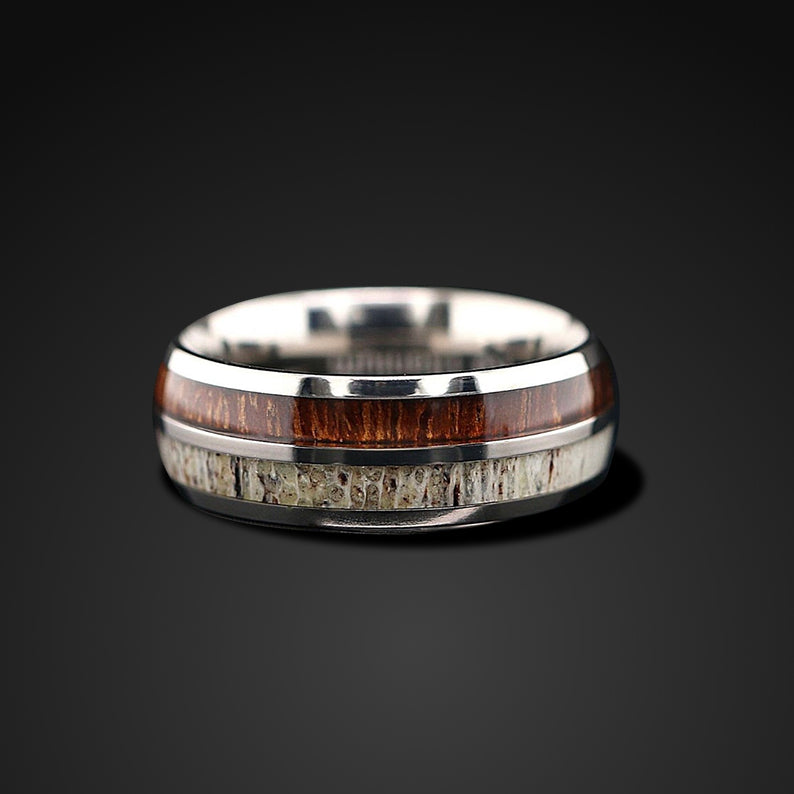 Titanium Deer Antler Ring with Koa Wood Inlay - Unisex Wedding Band