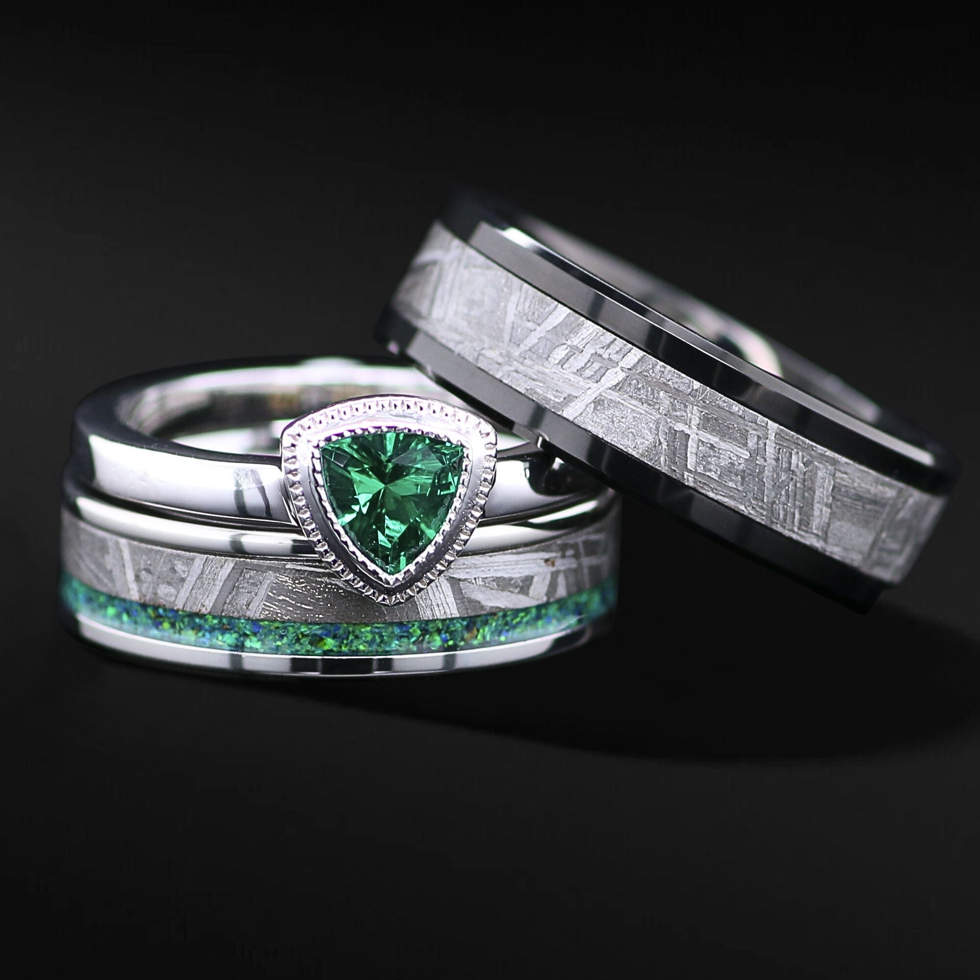 Salma - His & Hers Genuine Meteorite Engagement and Wedding Ring Set, Unique Handcrafted Galactic Love Symbol FREE ENGRAVING